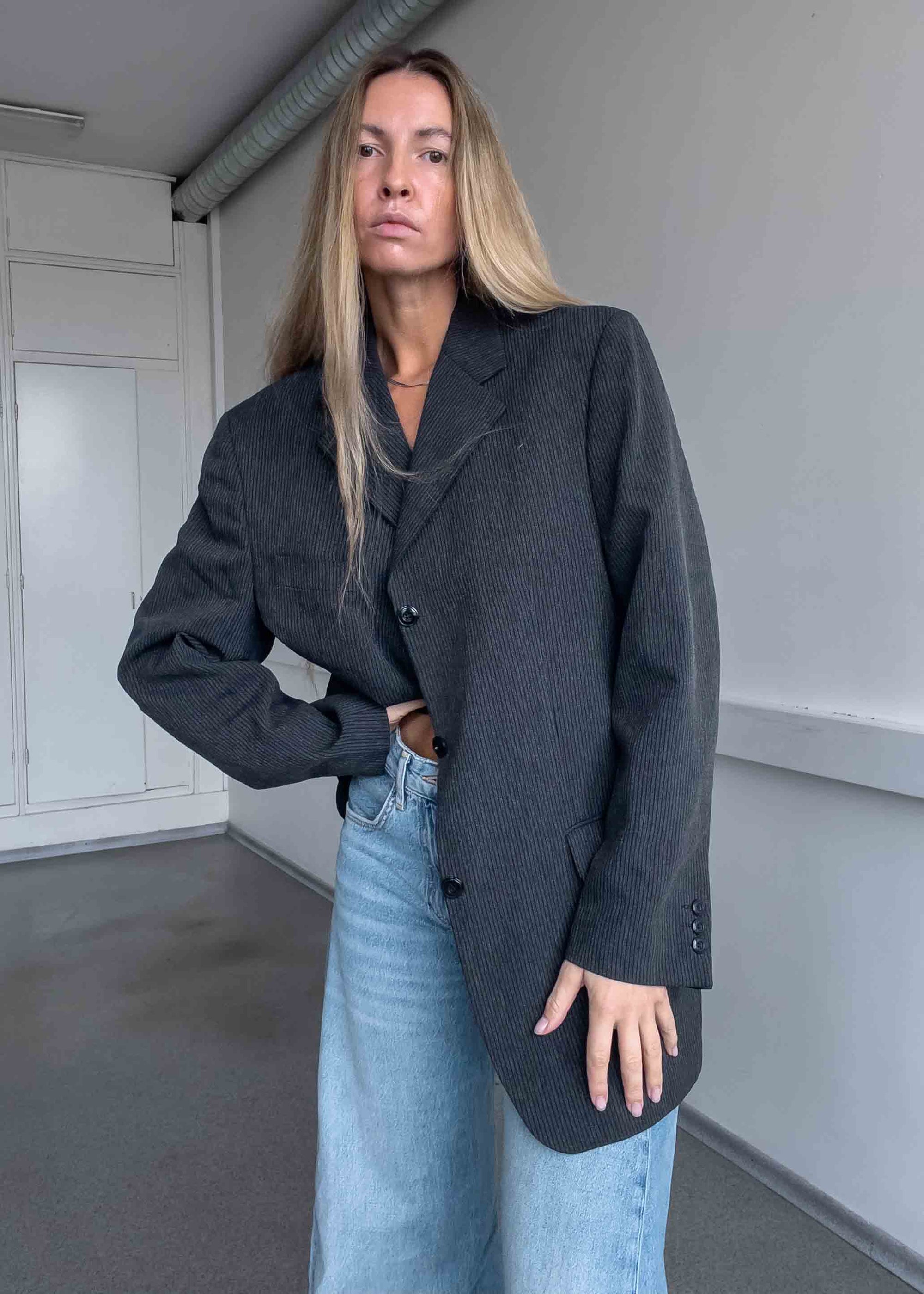 Vintage Grey Stripy Oversized Blazer