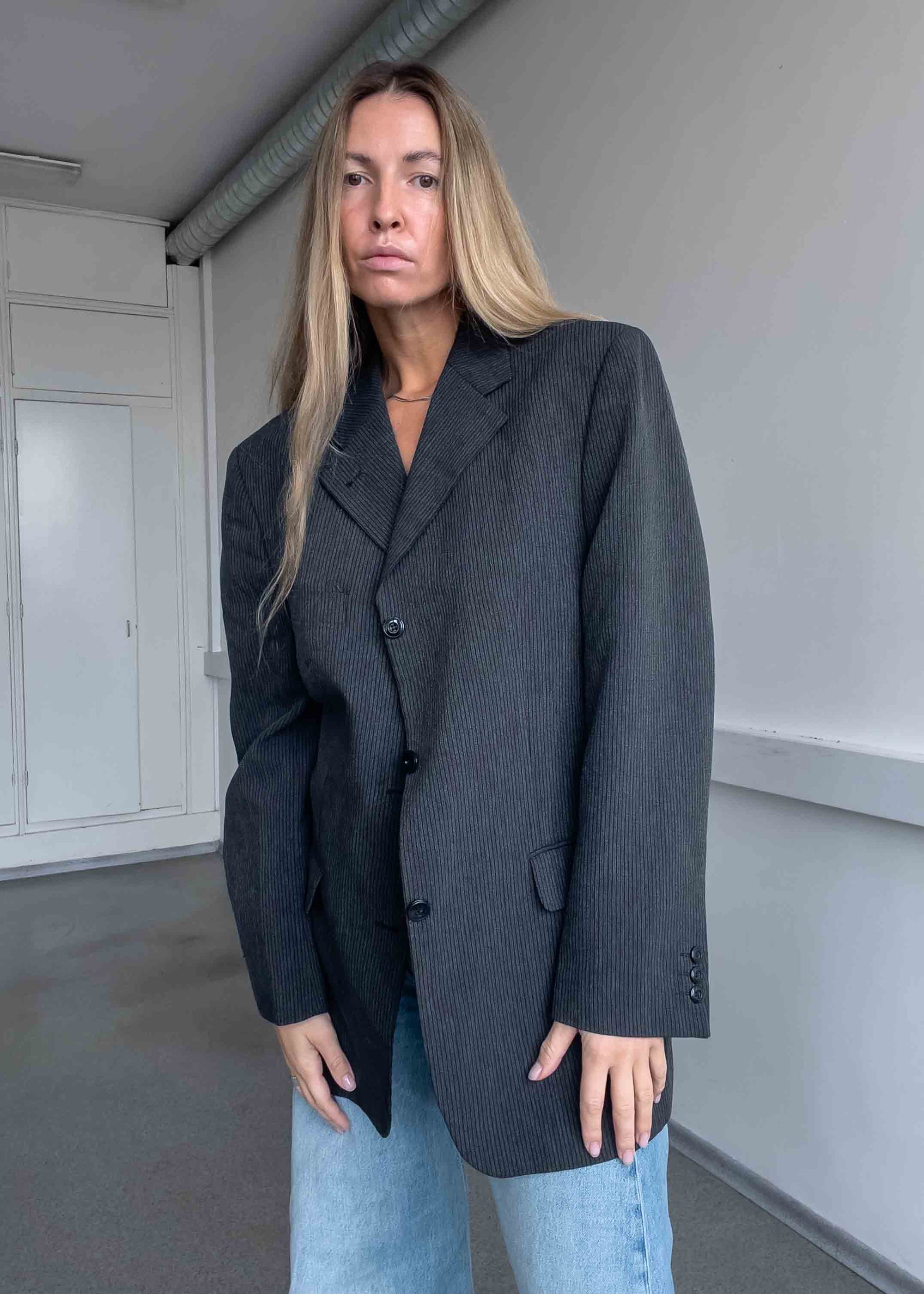 Vintage Grey Stripy Oversized Blazer