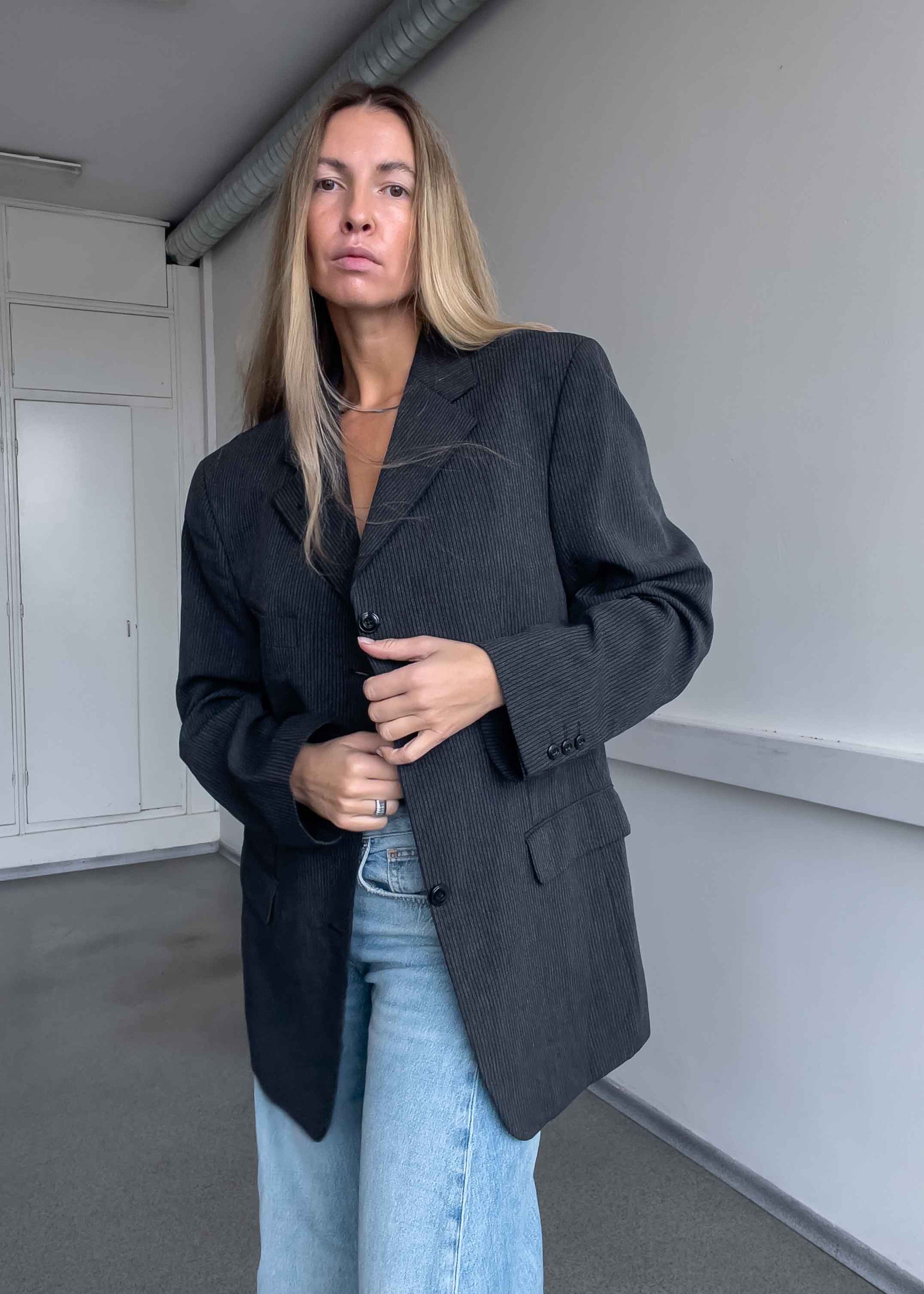 Vintage Grey Stripy Oversized Blazer