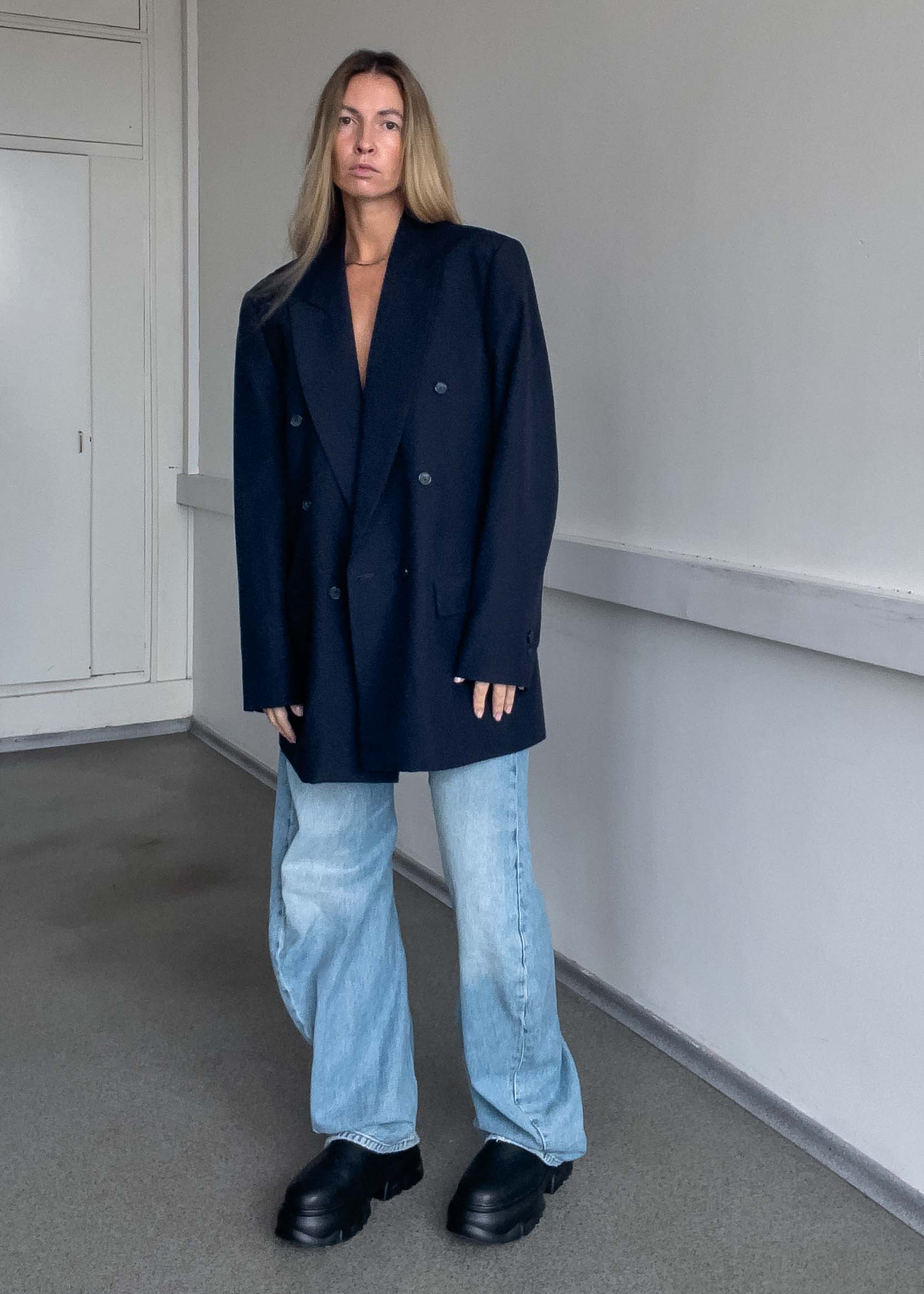 Vintage Navy Blue  Oversized Double Breasted Blazer