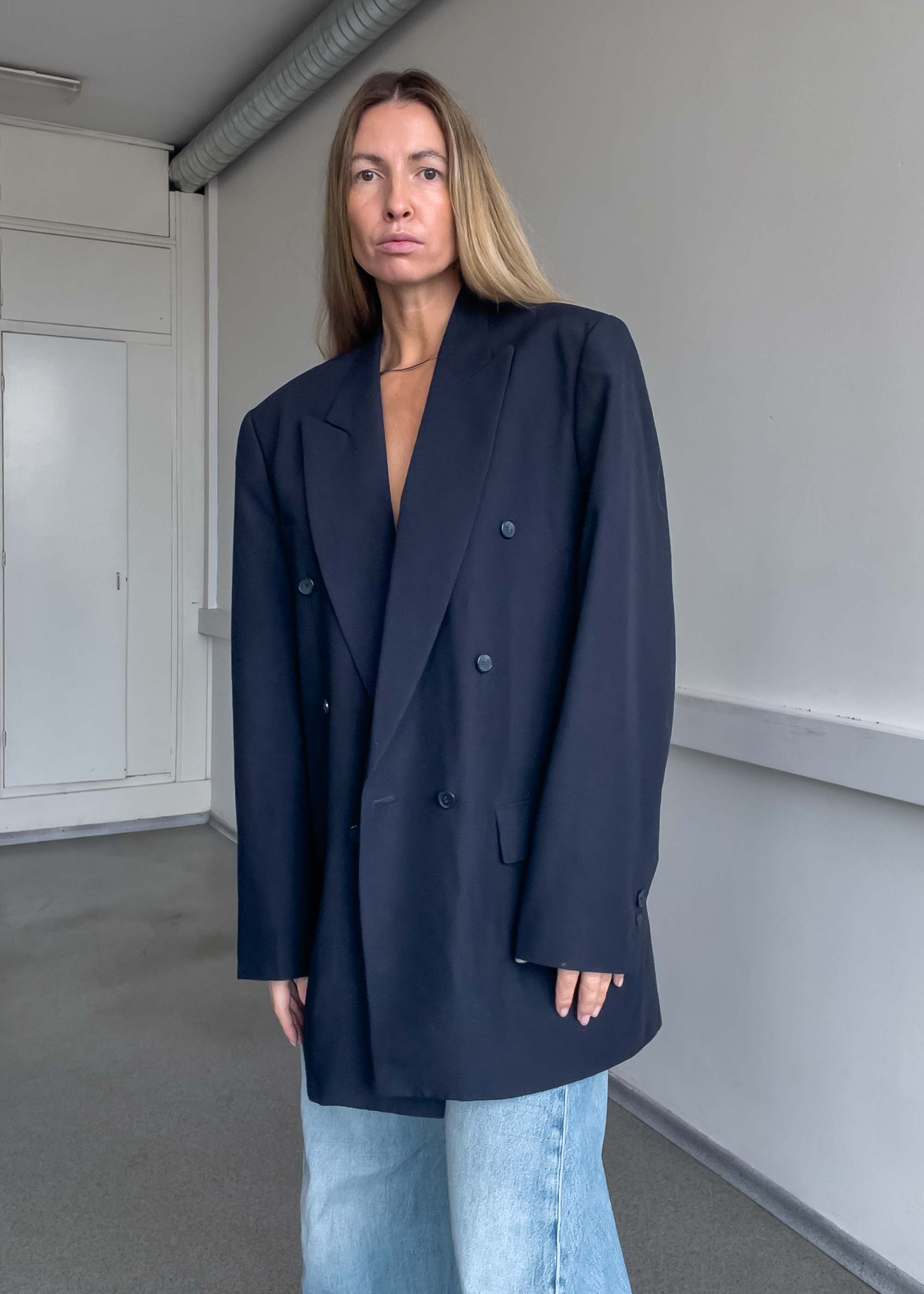 Vintage Navy Blue  Oversized Double Breasted Blazer