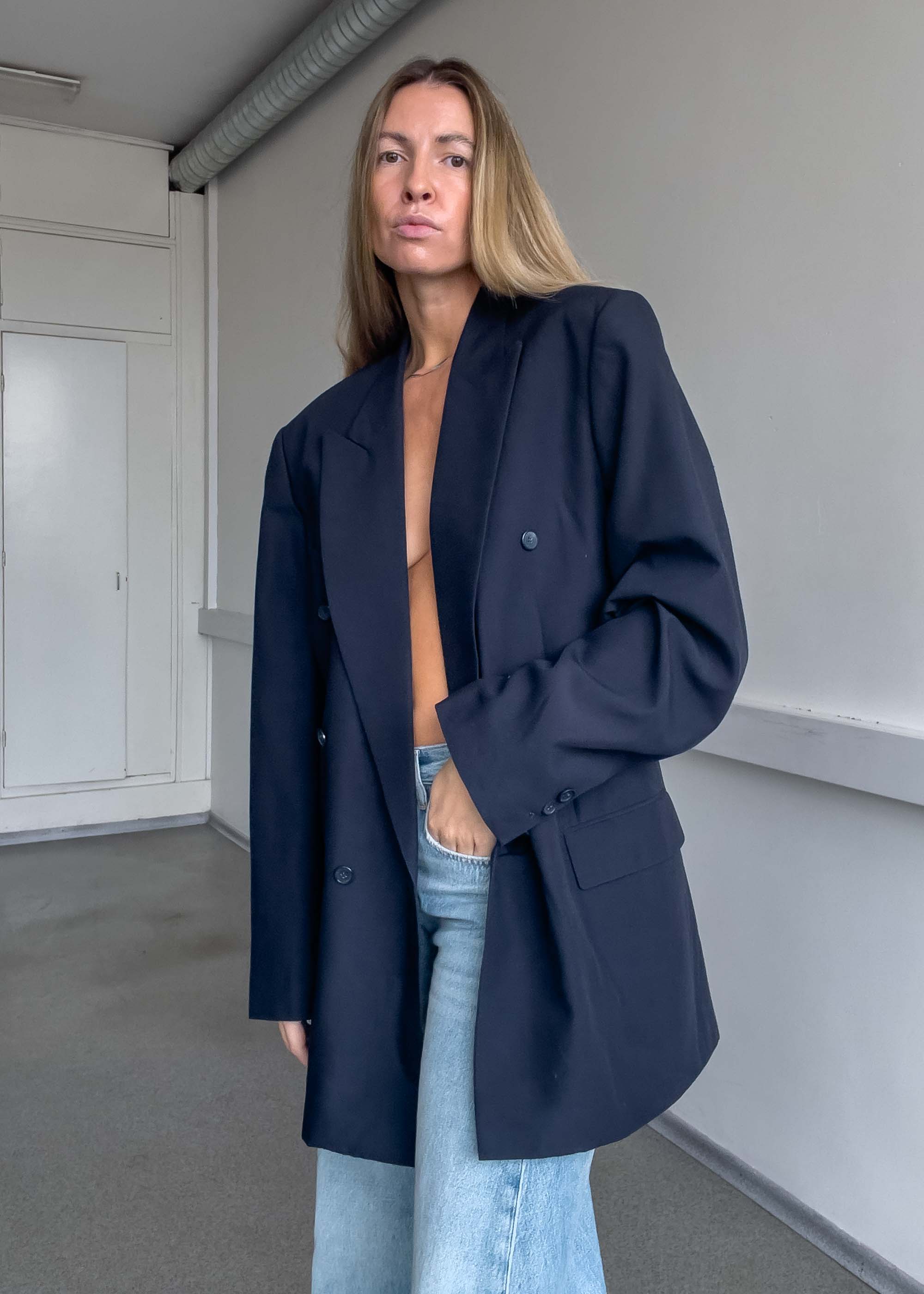 Vintage Navy Blue  Oversized Double Breasted Blazer