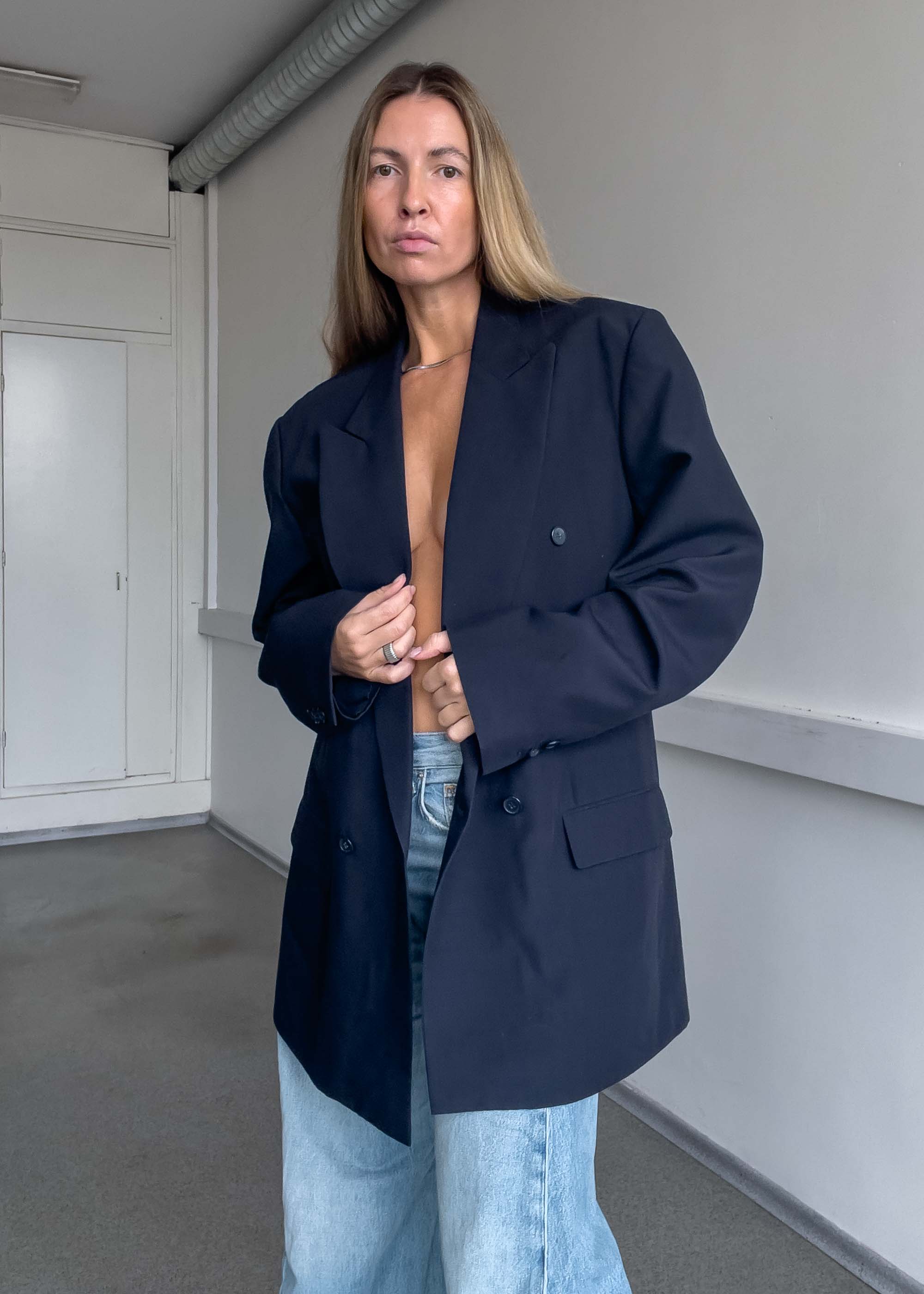 Vintage Navy Blue  Oversized Double Breasted Blazer