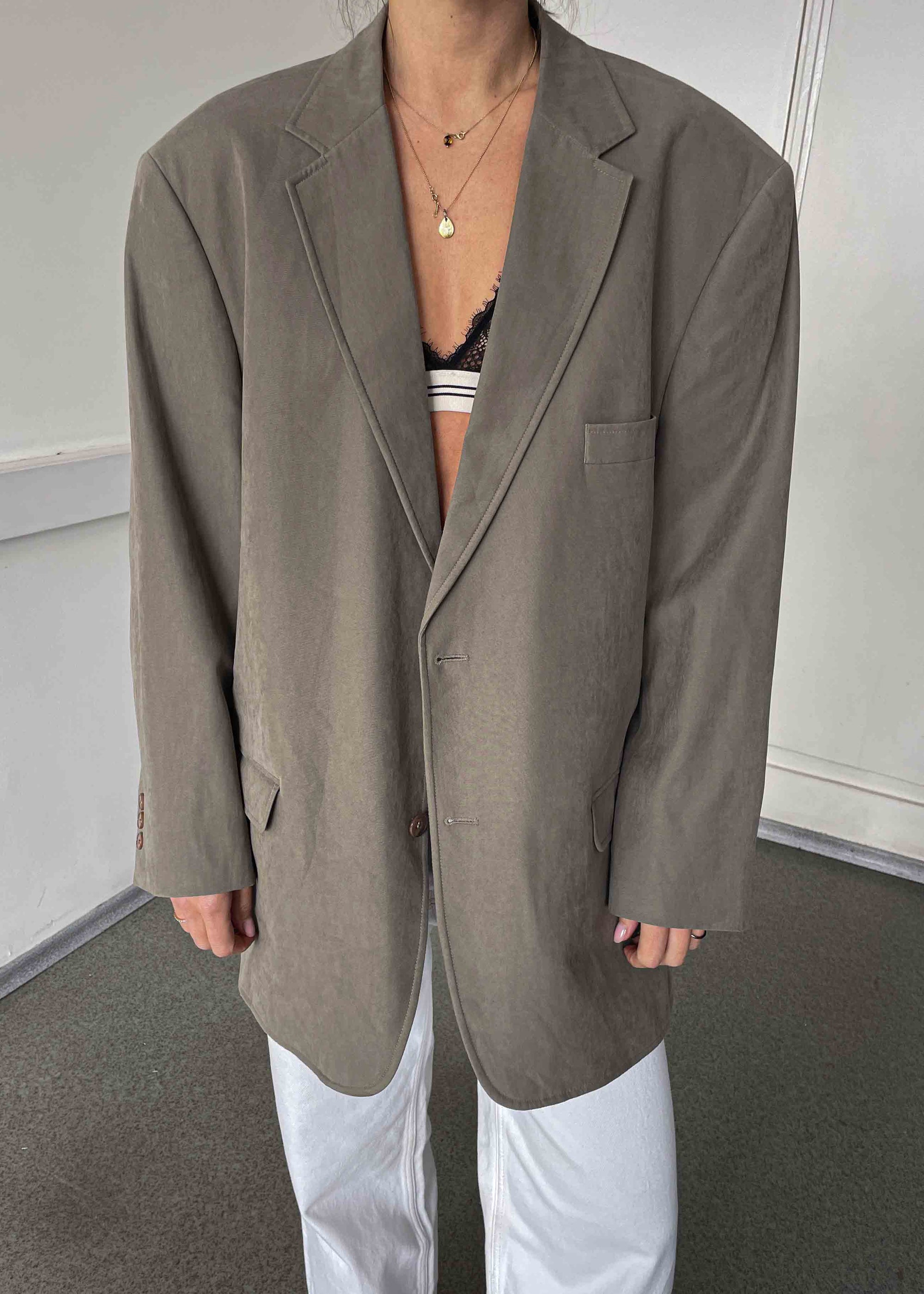 Vintage Warm Grey Suede Feel Oversized Blazer