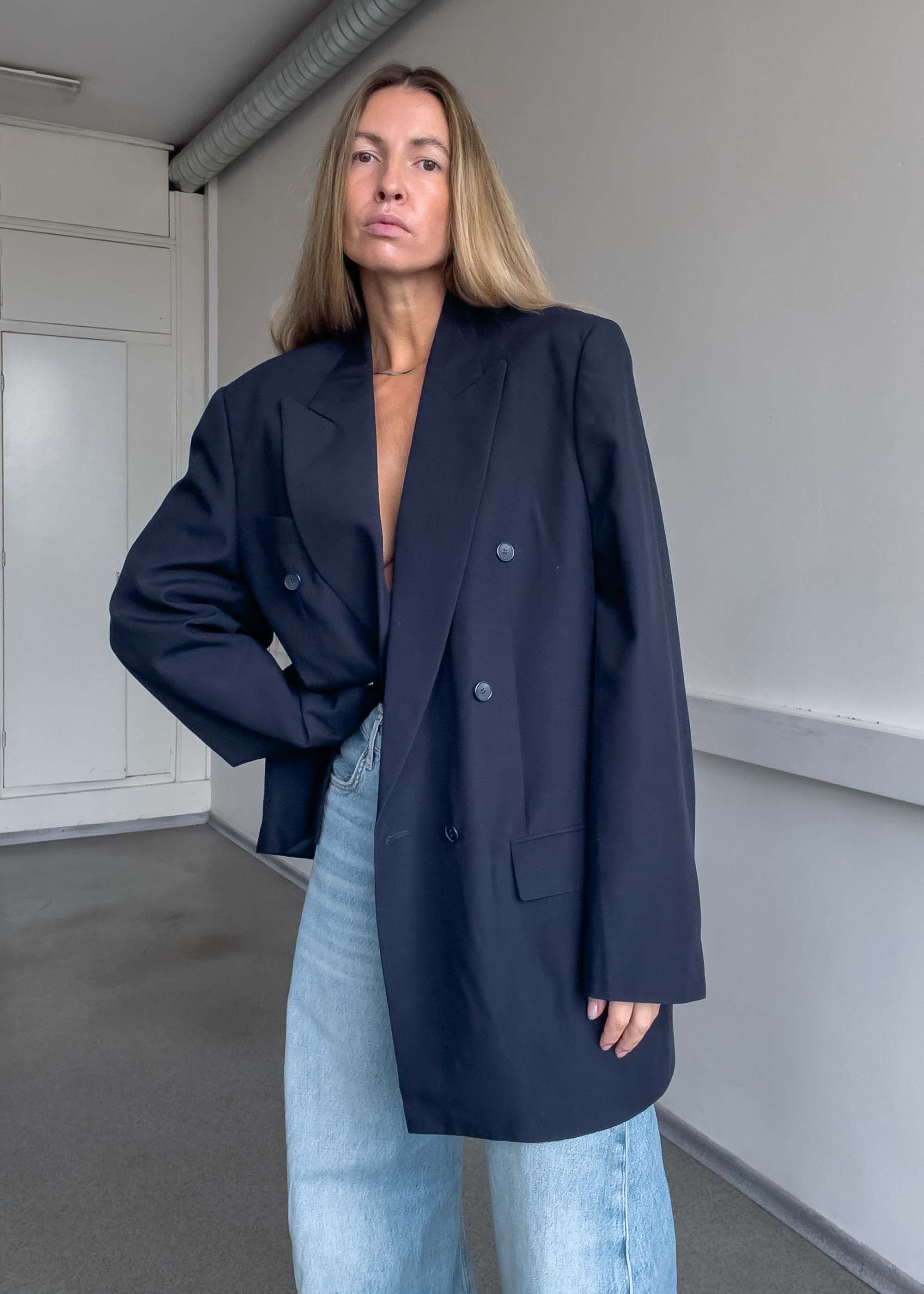Vintage Navy Blue  Oversized Double Breasted Blazer