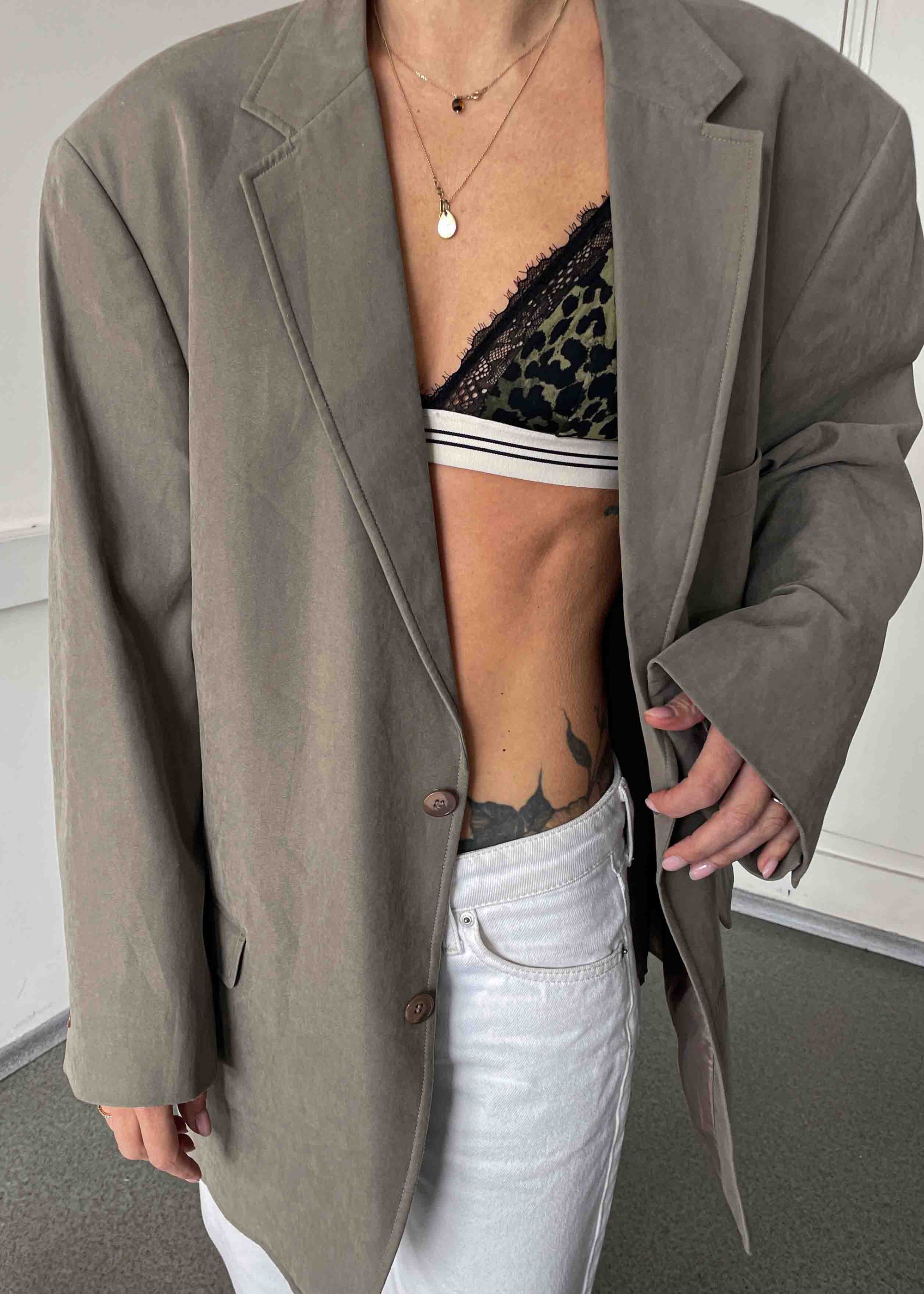 Vintage Warm Grey Suede Feel Oversized Blazer