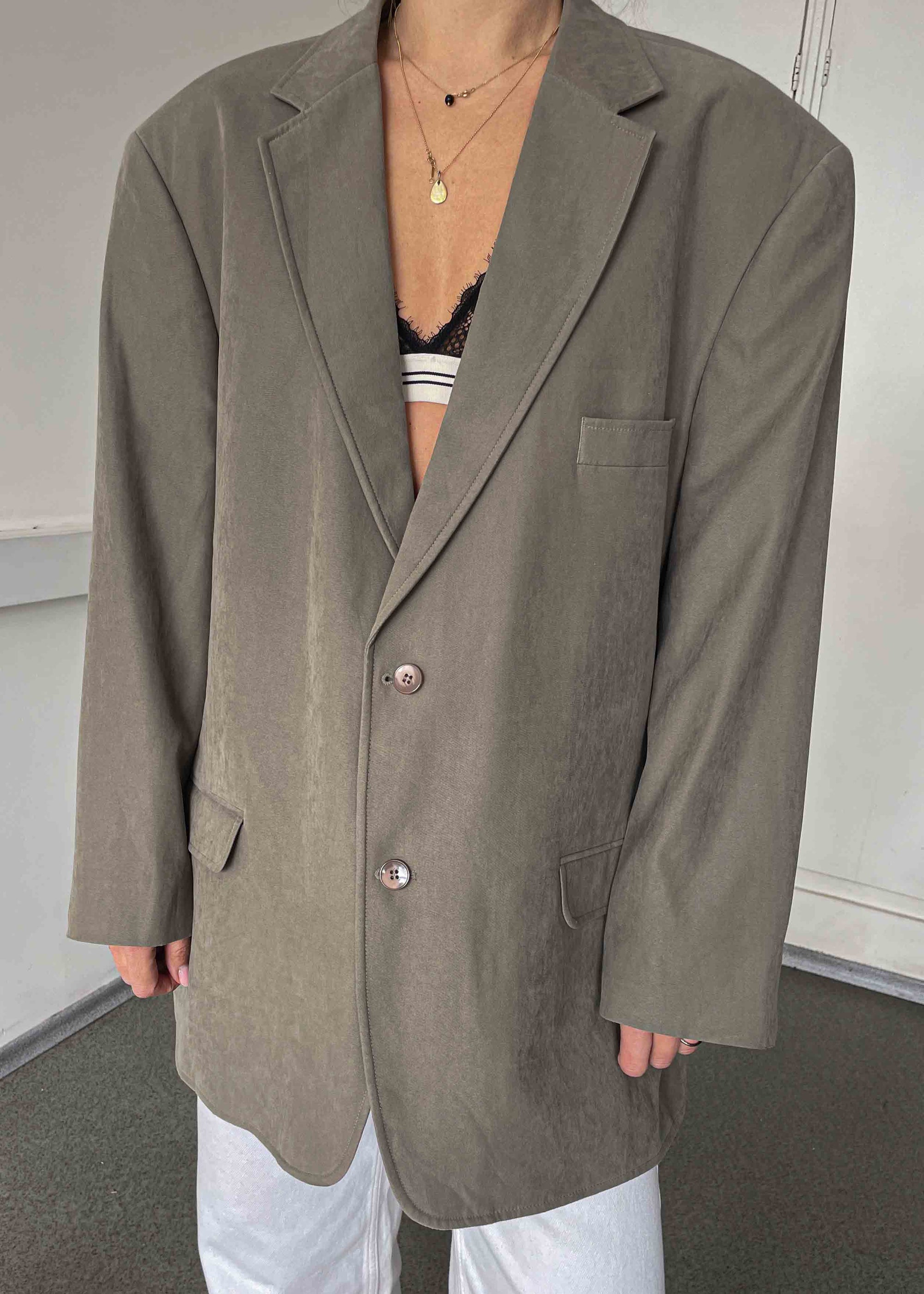 Vintage Warm Grey Suede Feel Oversized Blazer