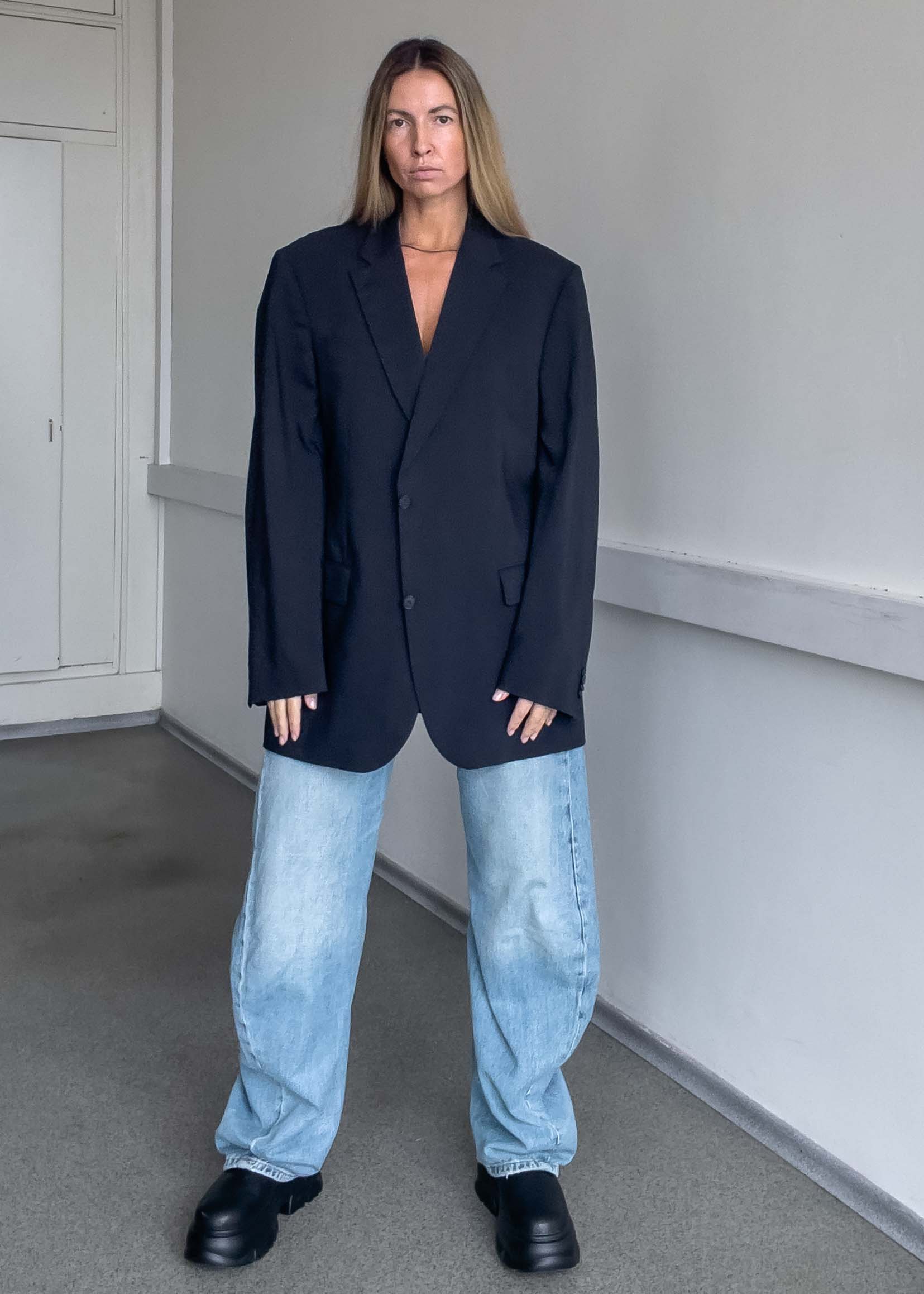 Vintage Navy Blue Stripy Oversized Blazer