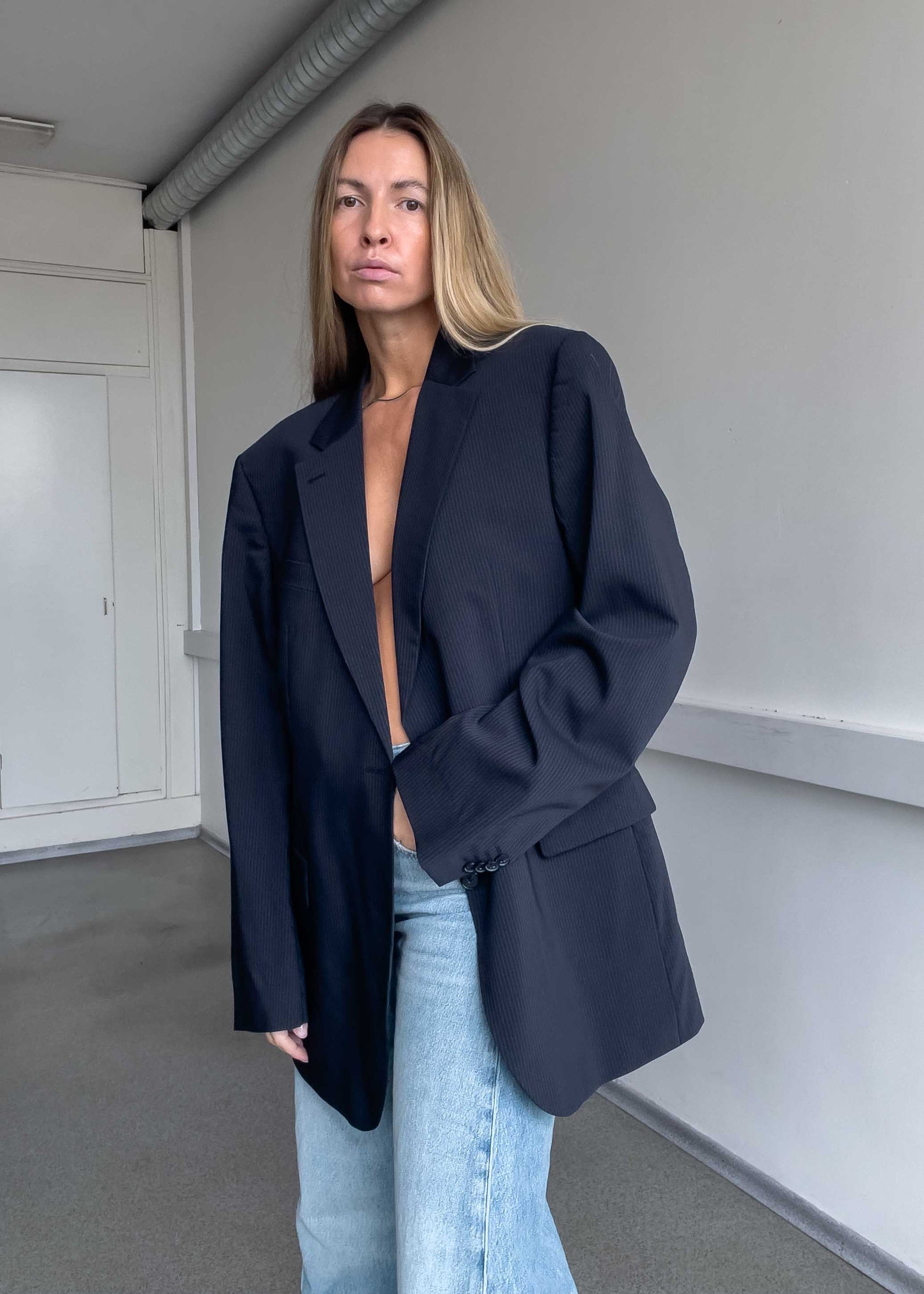 Vintage Navy Blue Stripy Oversized Blazer