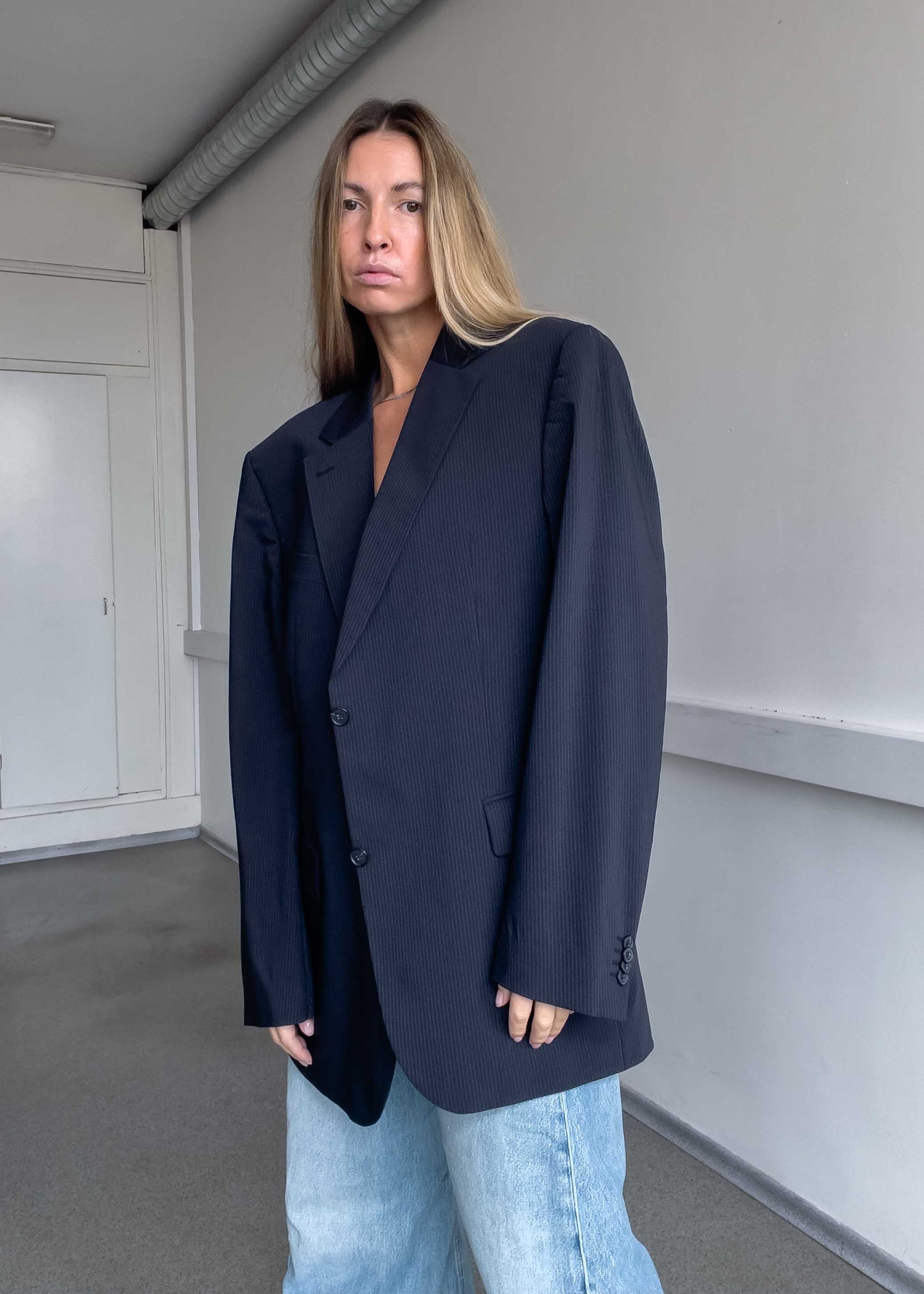 Vintage Navy Blue Stripy Oversized Blazer