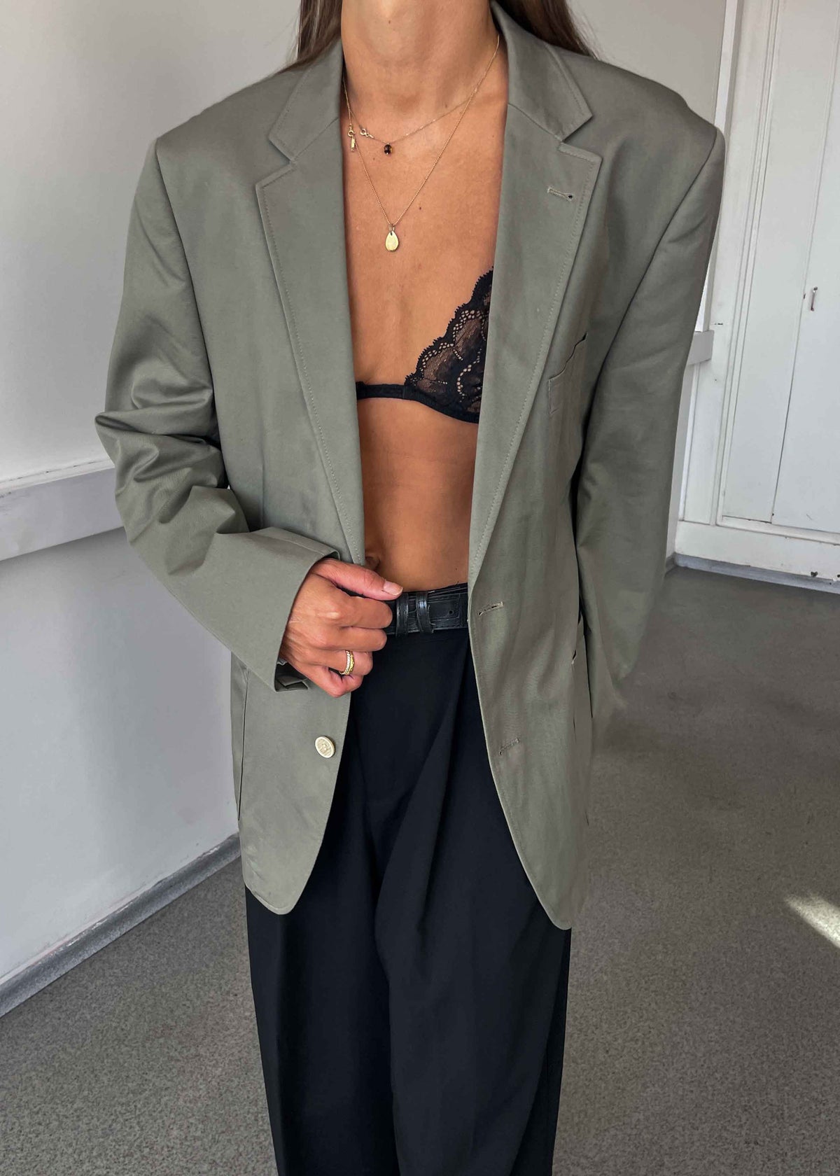 Vintage Grey Khaki Oversized Cotton Blazer