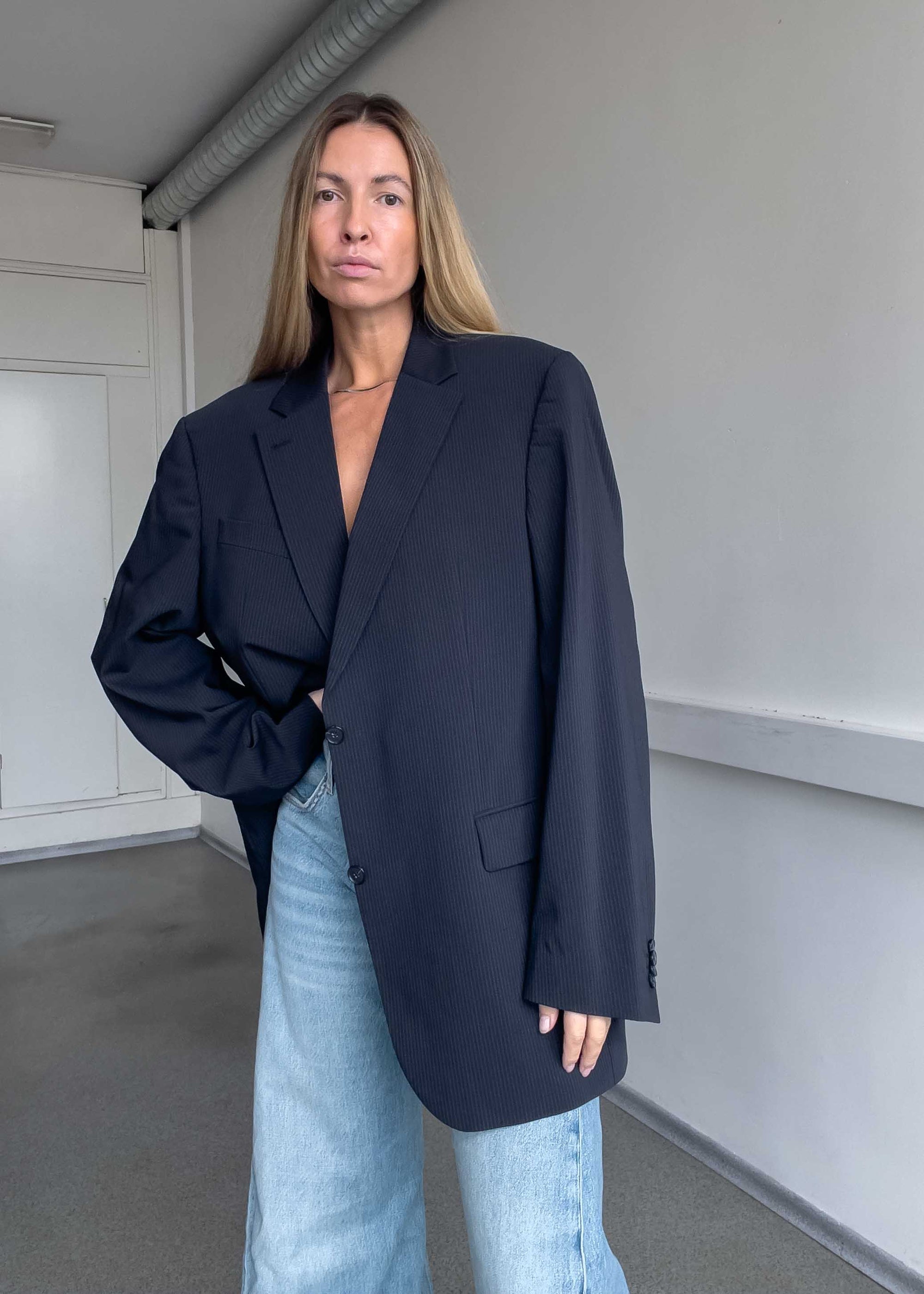 Vintage Navy Blue Stripy Oversized Blazer