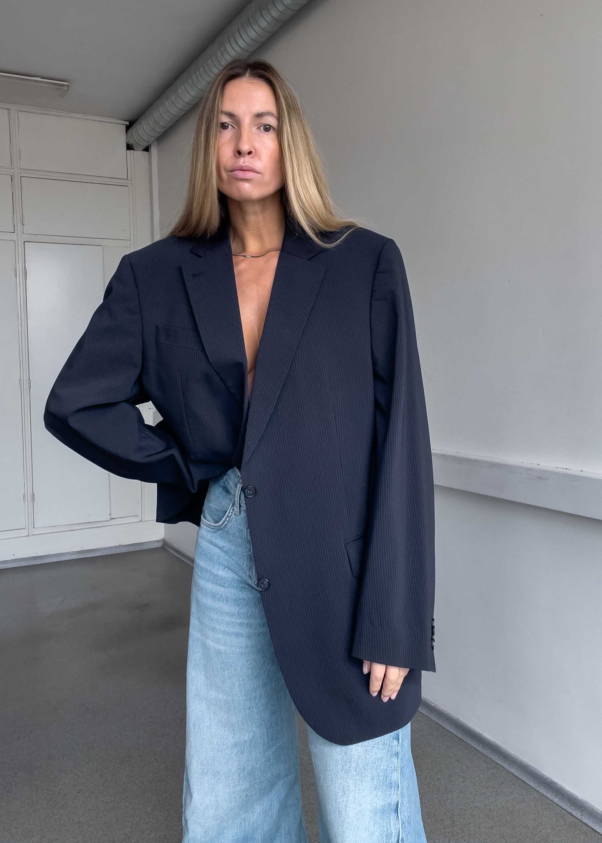 Vintage Navy Blue Stripy Oversized Blazer