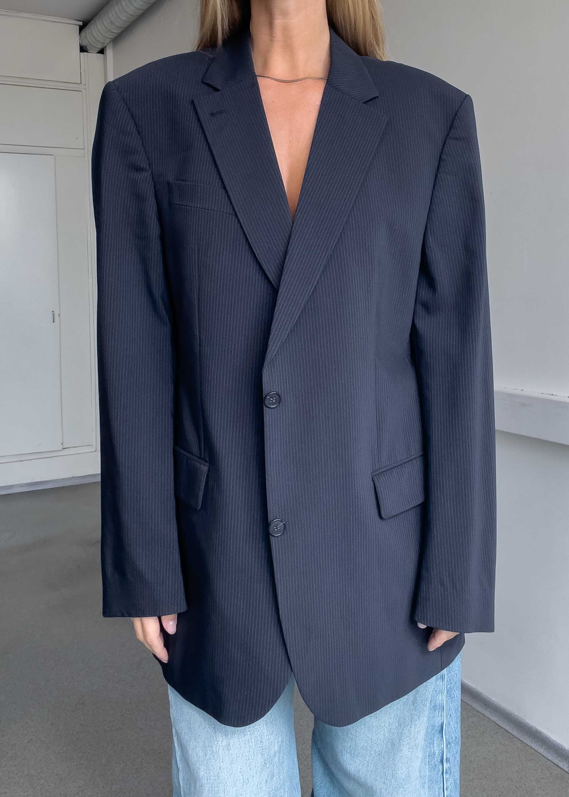 Vintage Navy Blue Stripy Oversized Blazer