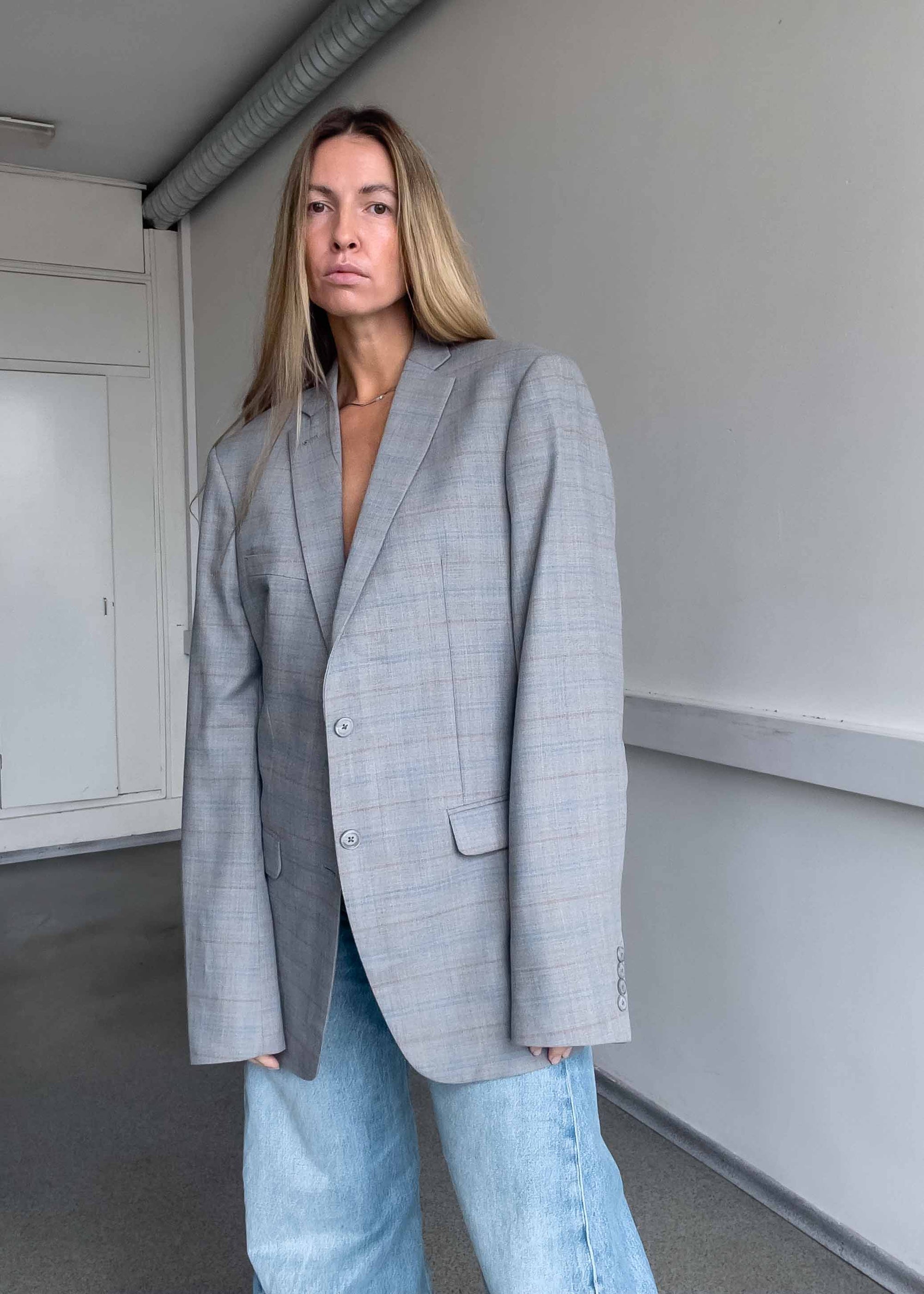 Vintage Grey Checked Oversized Blazer