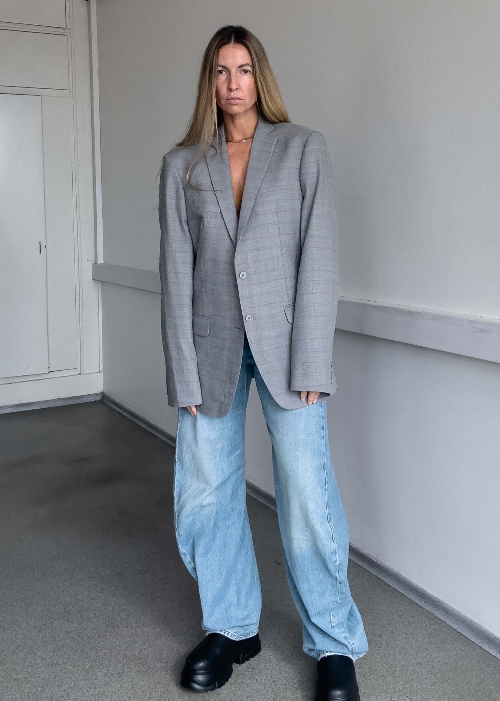 Vintage Grey Checked Oversized Blazer