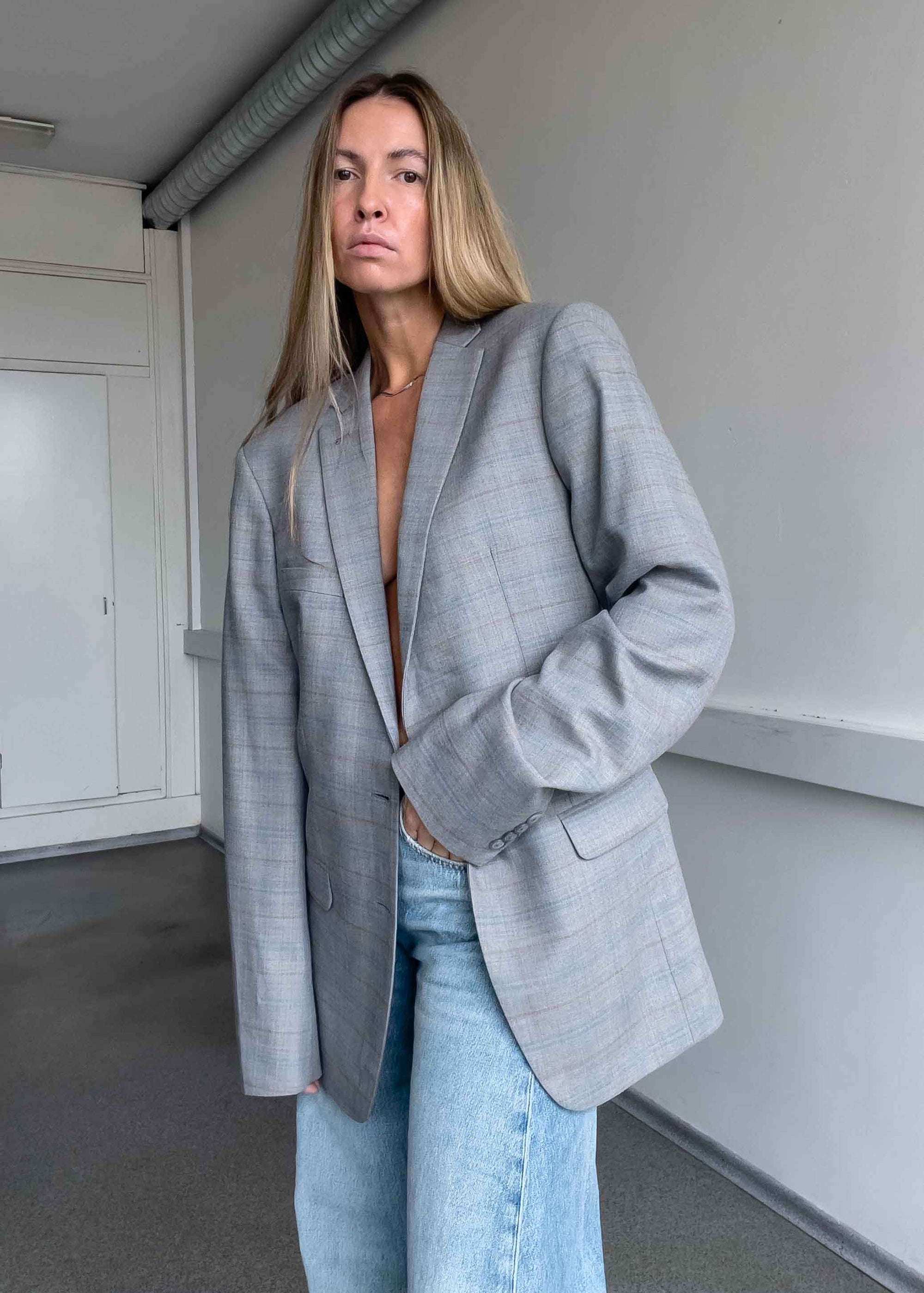 Vintage Grey Checked Oversized Blazer