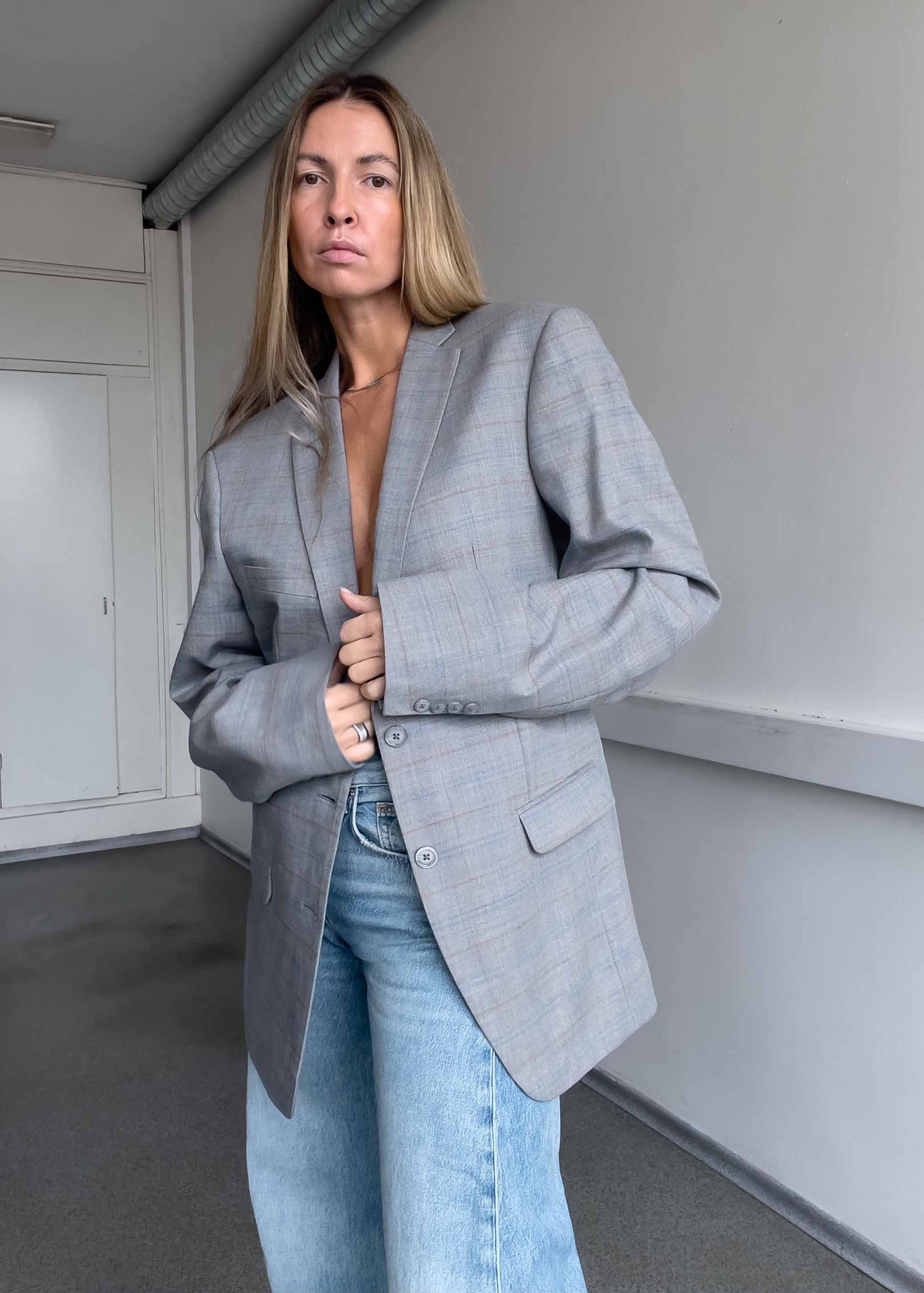 Vintage Grey Checked Oversized Blazer