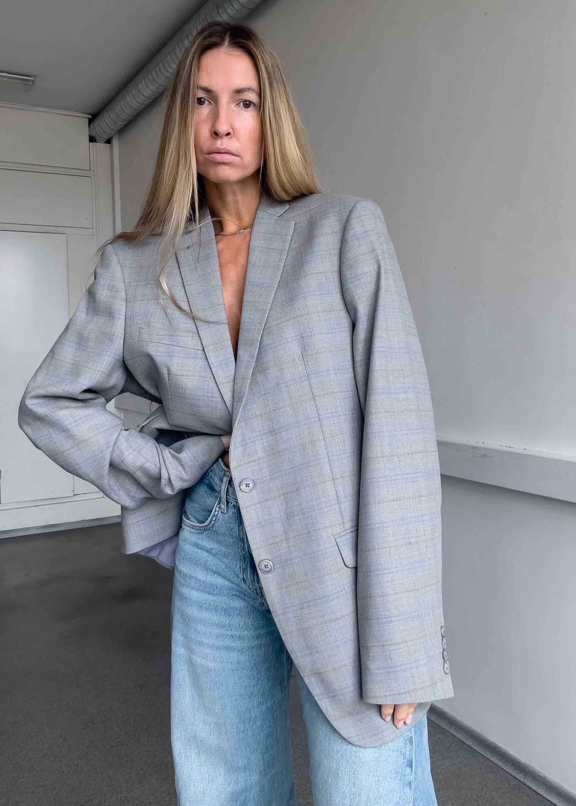 Vintage Grey Checked Oversized Blazer