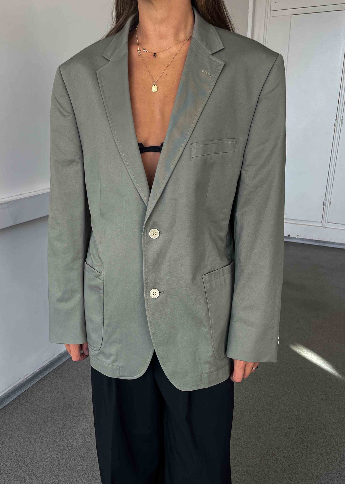 Vintage Grey Khaki Oversized Cotton Blazer