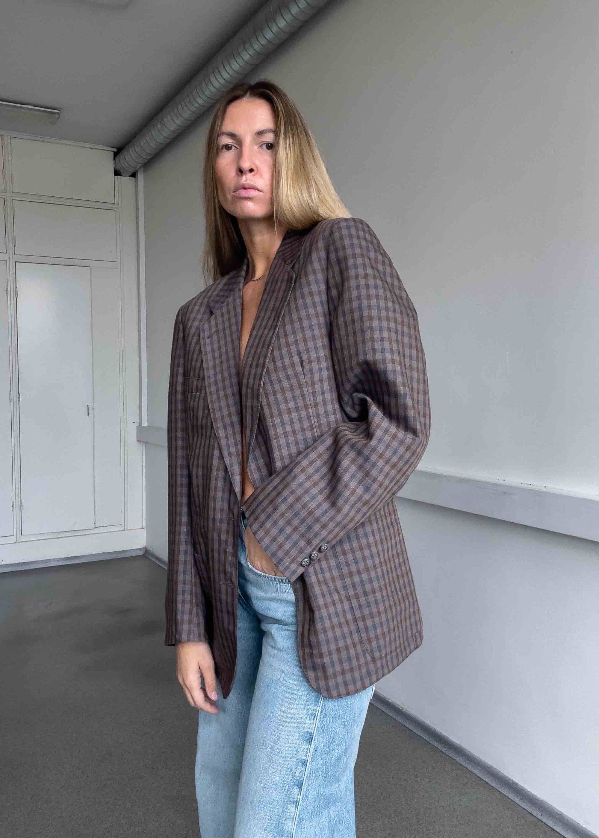 Vintage Brown Checked Oversized Blazer