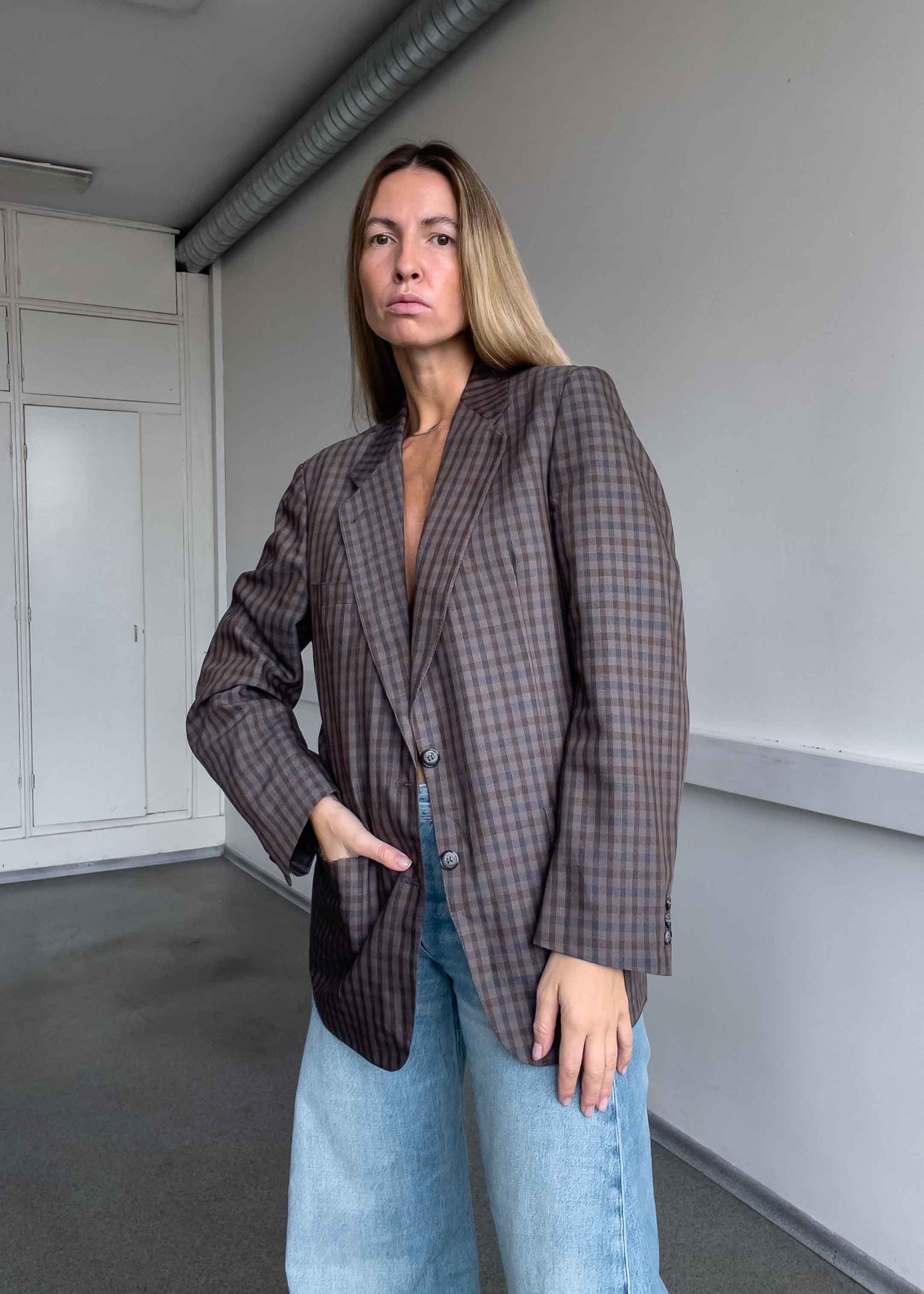 Vintage Brown Checked Oversized Blazer