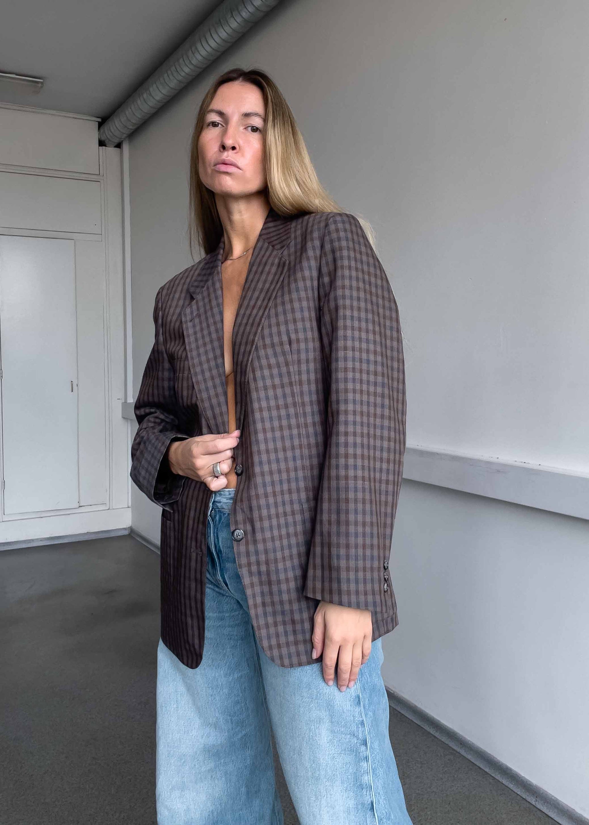 Vintage Brown Checked Oversized Blazer