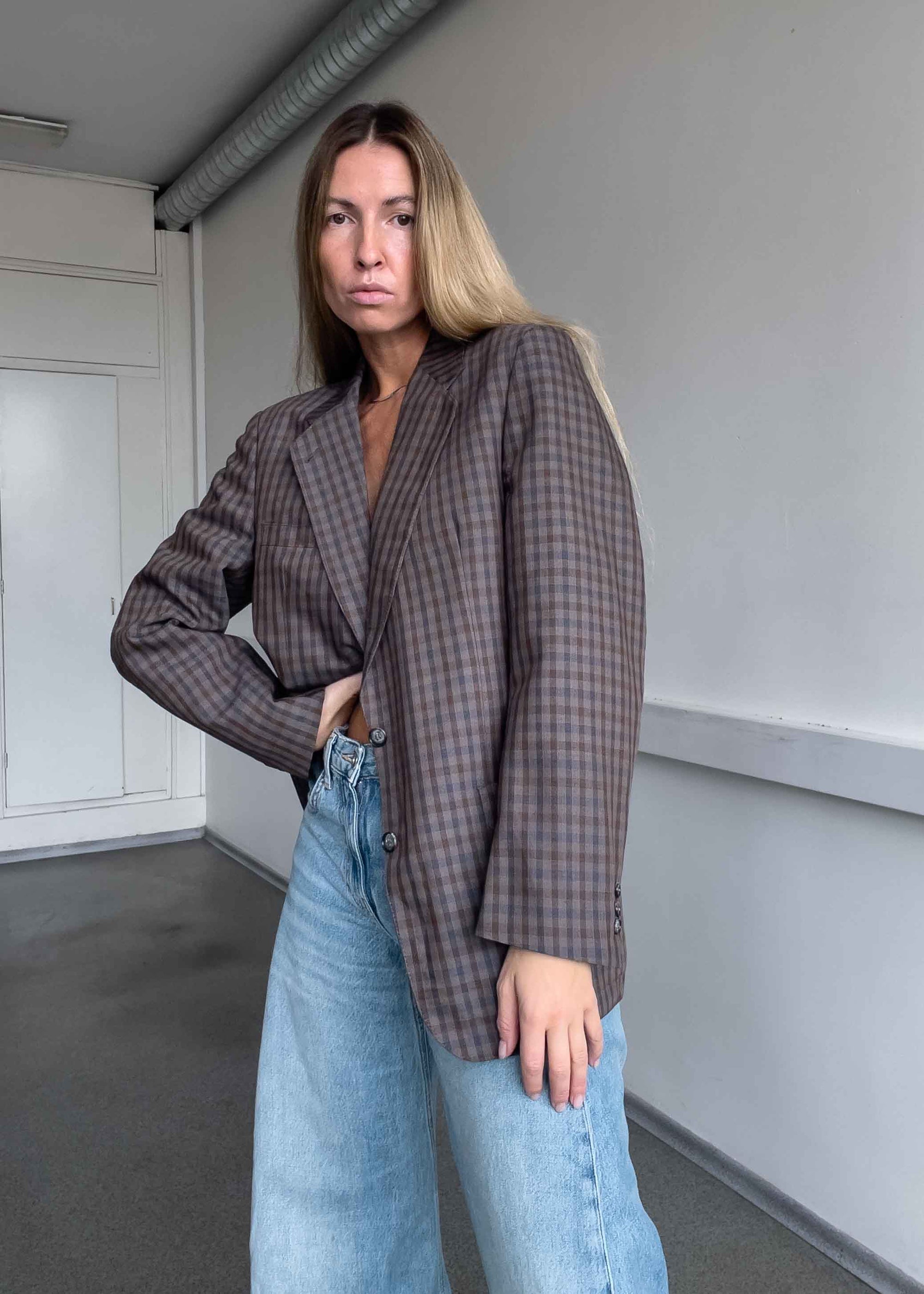 Vintage Brown Checked Oversized Blazer