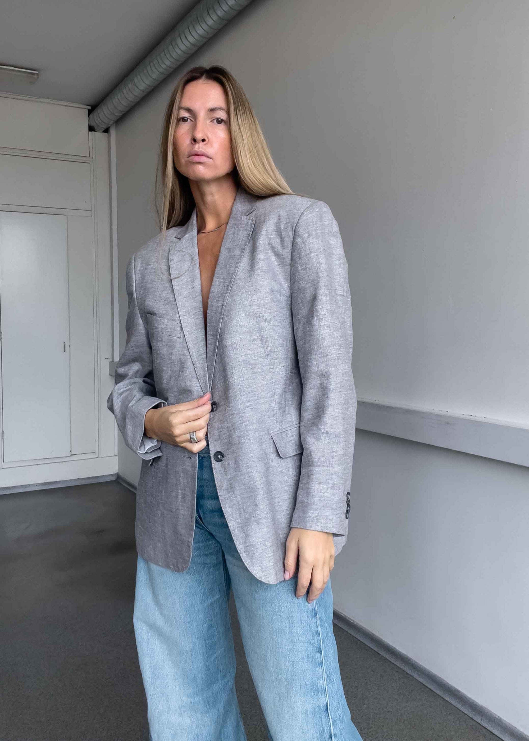 Vintage Light Grey Oversized Linen Blazer