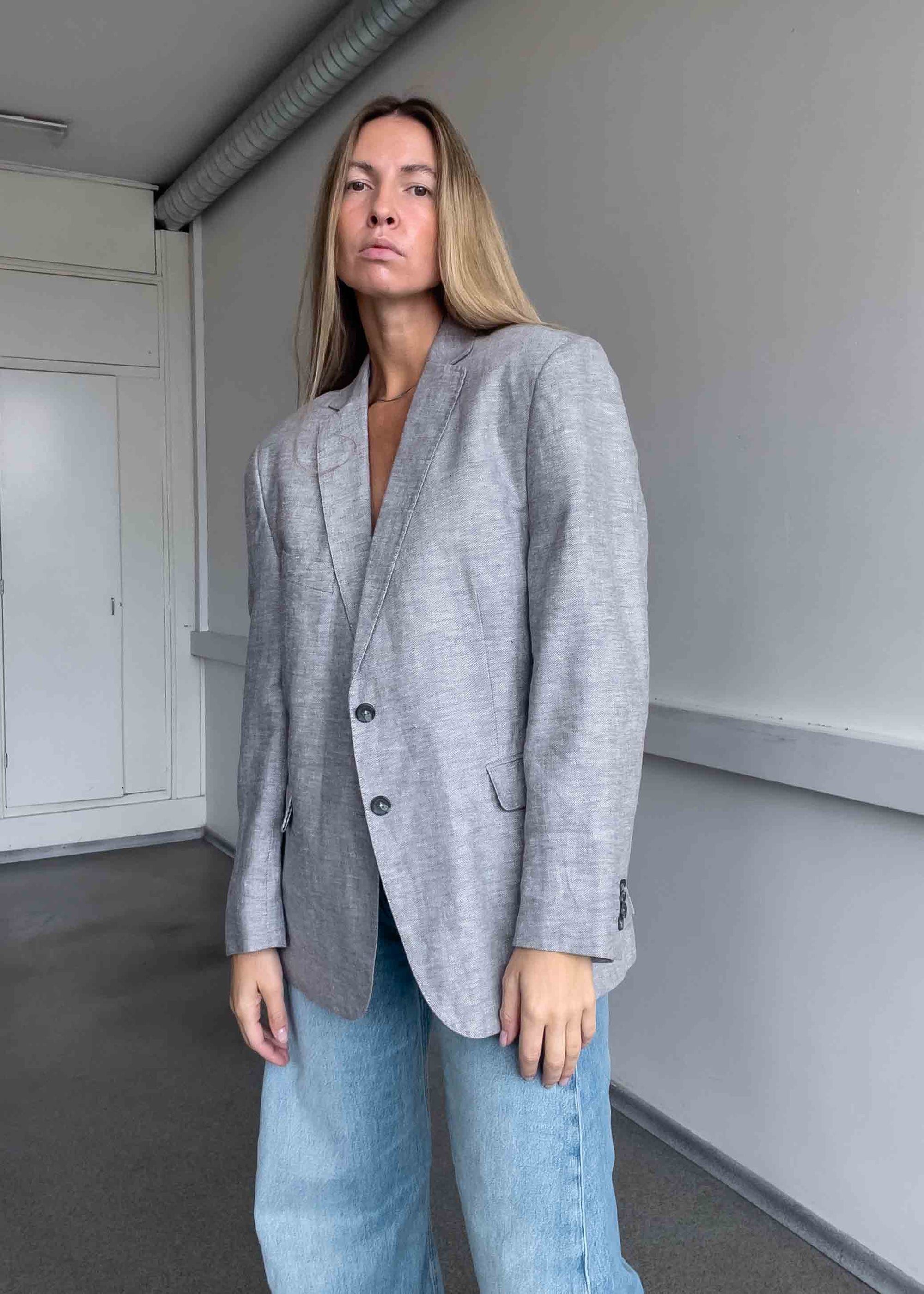 Vintage Light Grey Oversized Linen Blazer