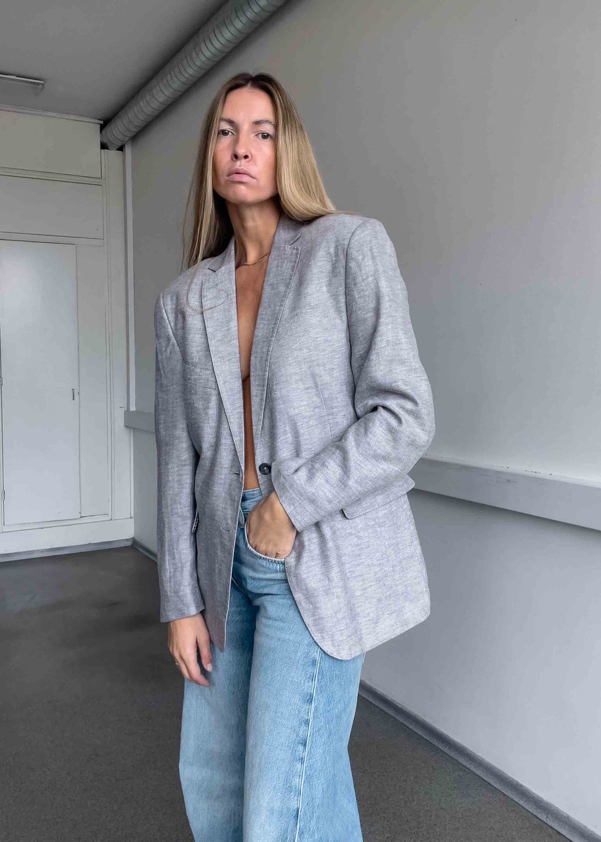 Vintage Light Grey Oversized Linen Blazer