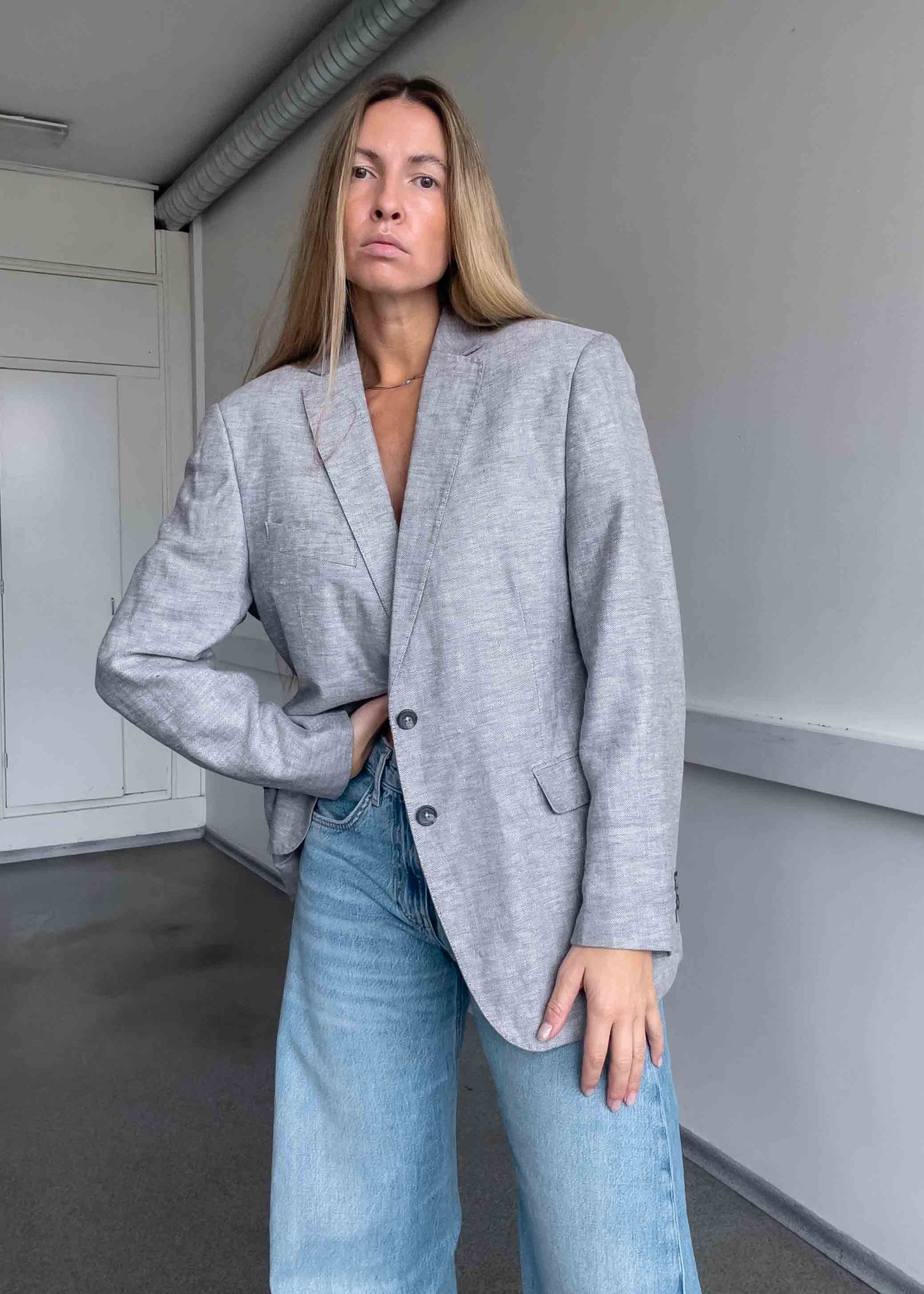 Vintage Light Grey Oversized Linen Blazer