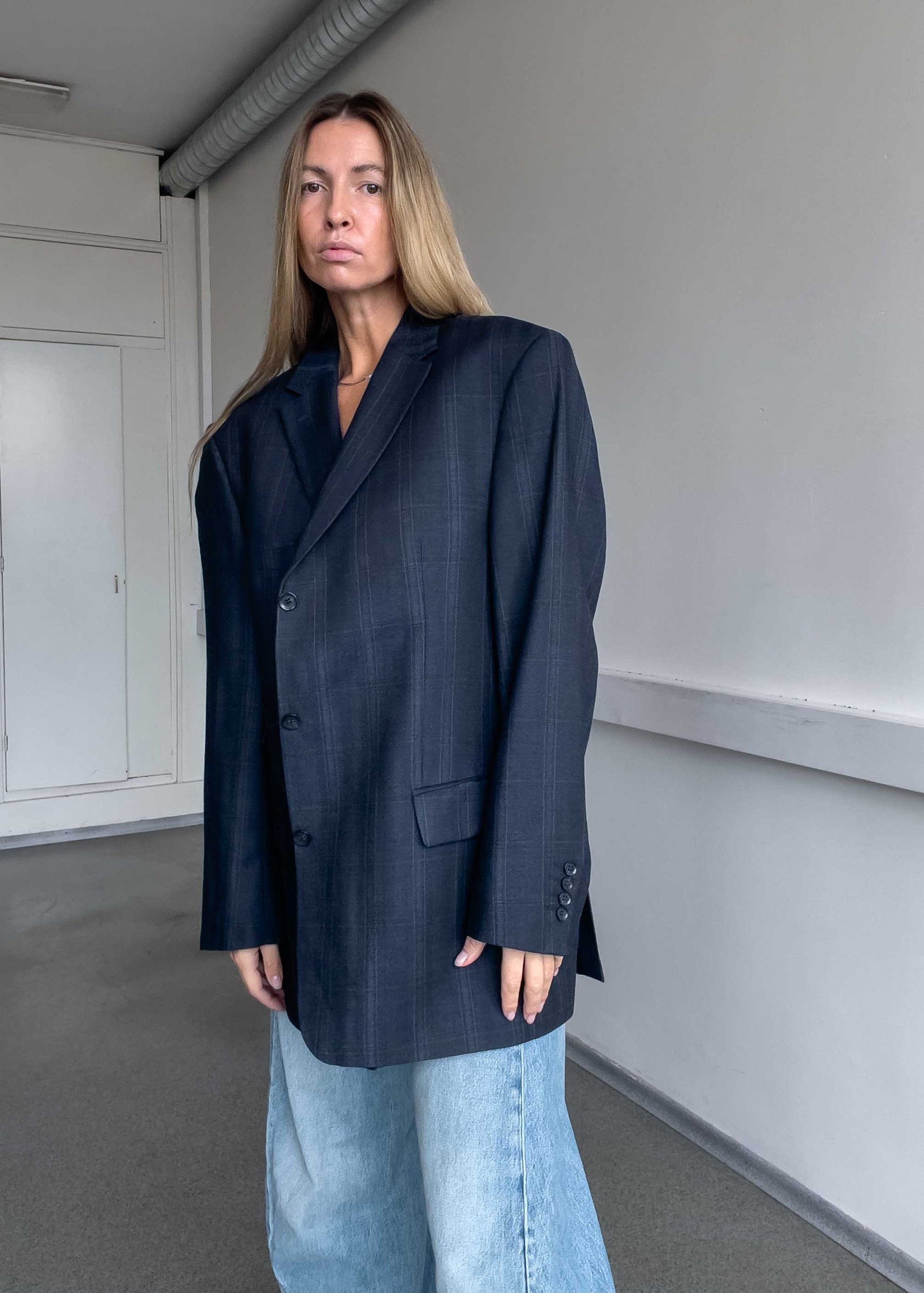 Vintage Blue Checked Oversized Blazer