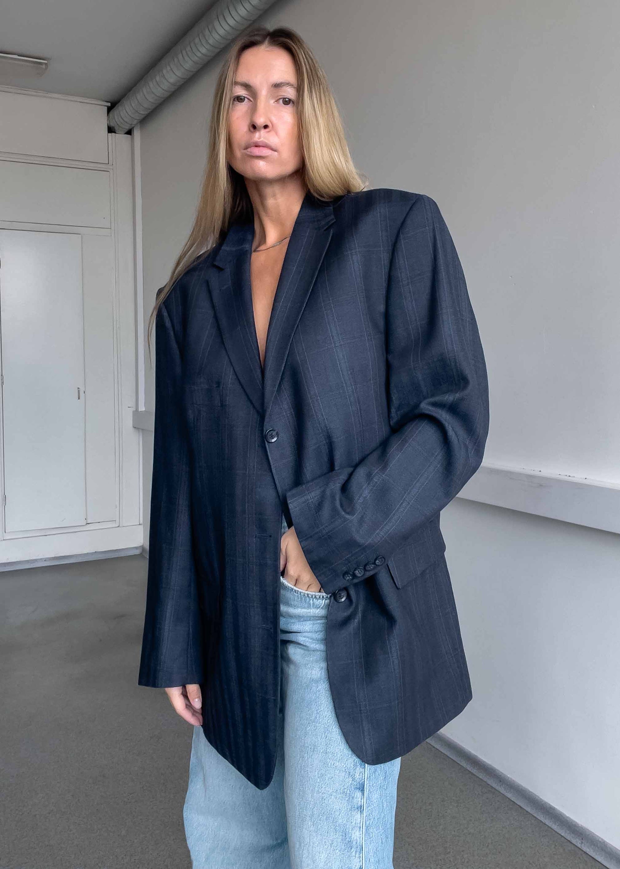 Vintage Blue Checked Oversized Blazer