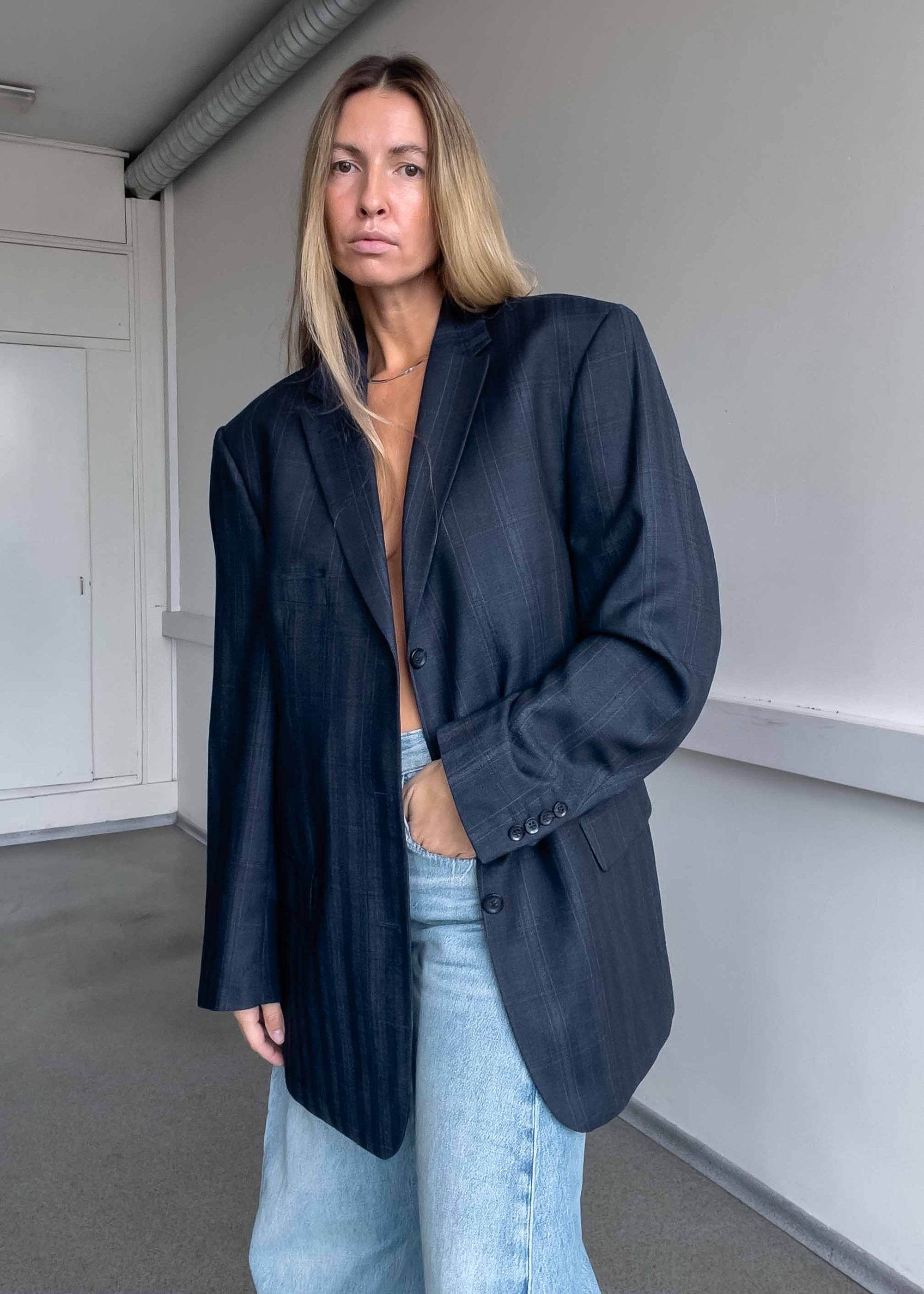 Vintage Blue Checked Oversized Blazer