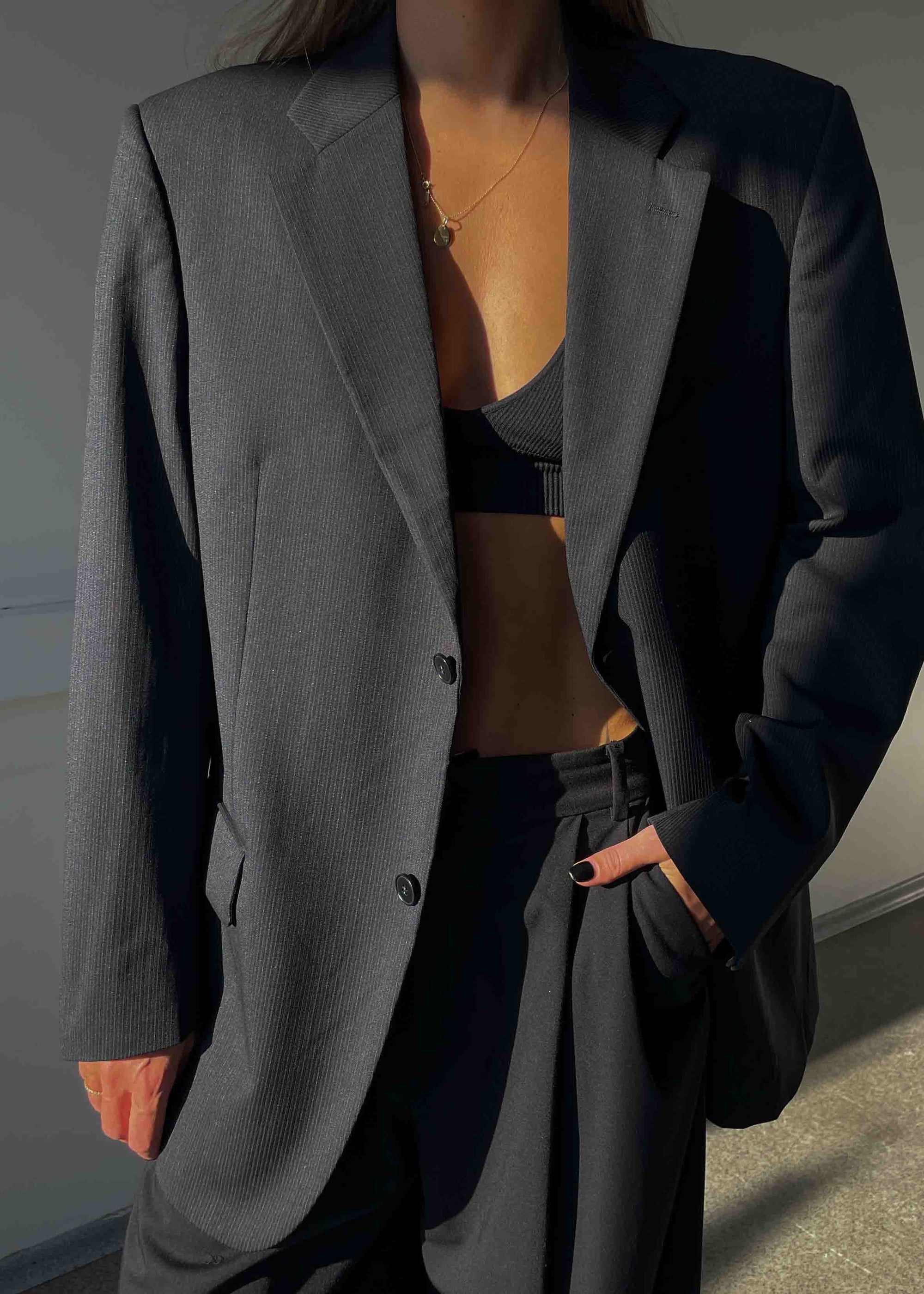Vintage Dark Grey Stripped Oversized 100% WOOL Blazer