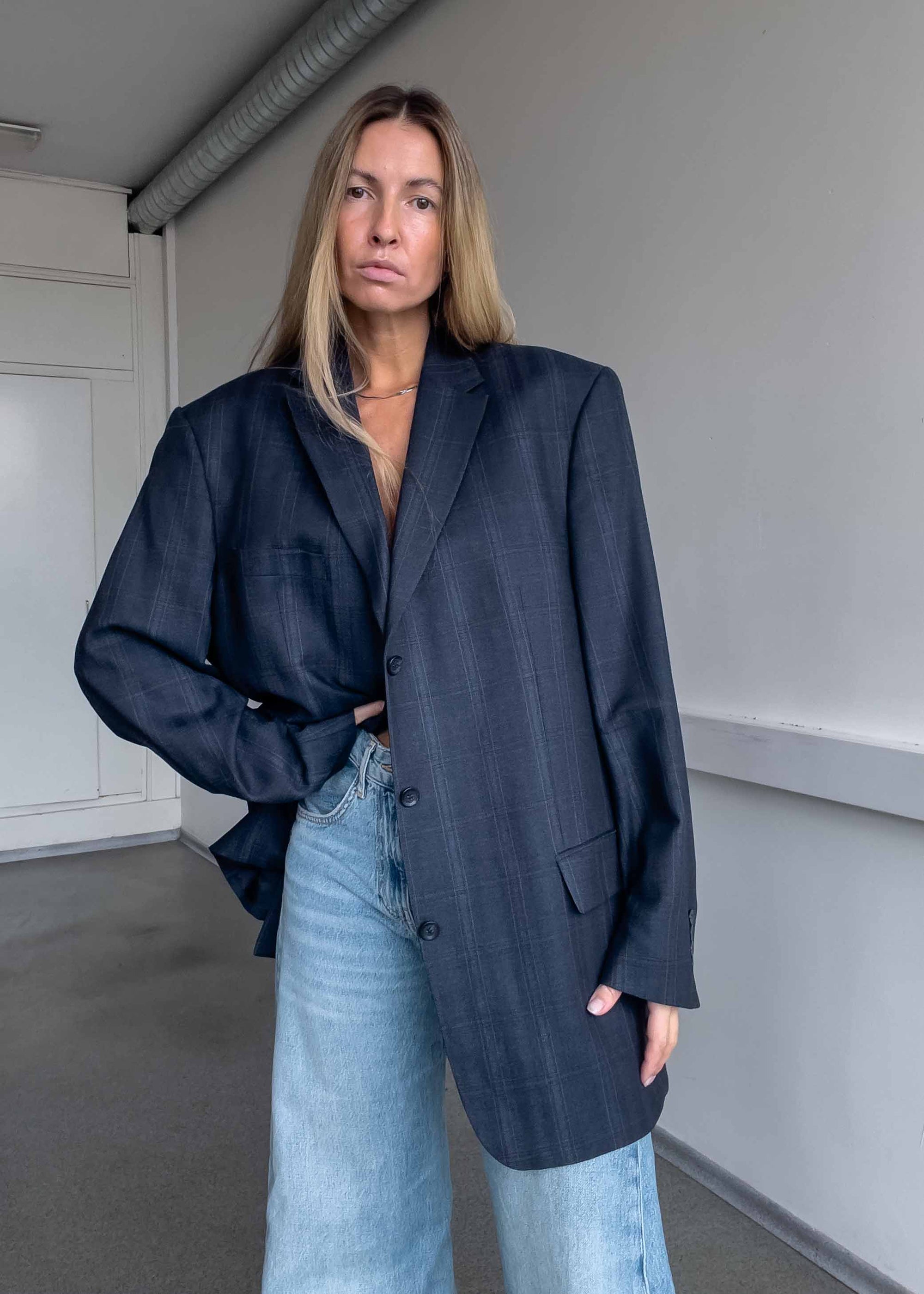 Vintage Blue Checked Oversized Blazer