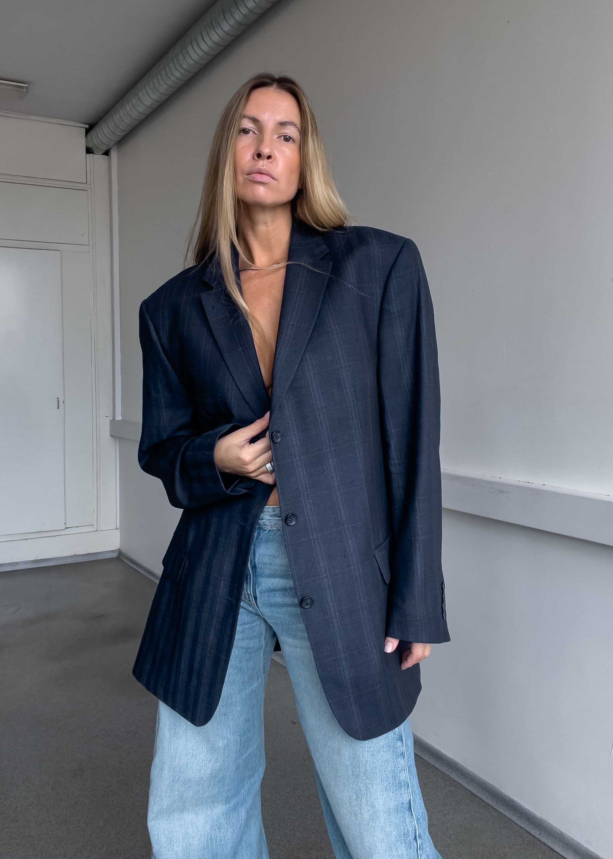 Vintage Blue Checked Oversized Blazer