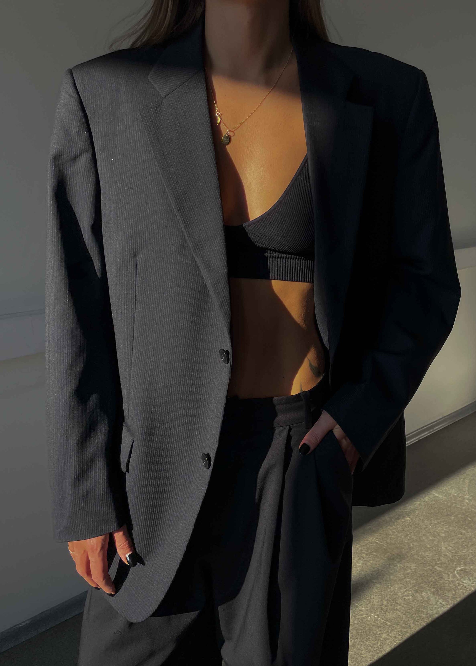 Vintage Dark Grey Stripped Oversized 100% WOOL Blazer