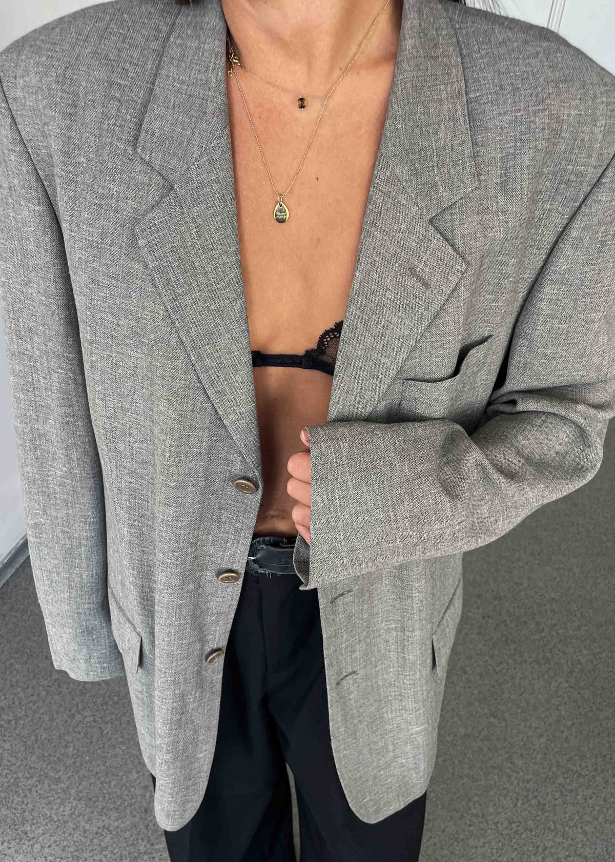 Vintage Light Grey Patterned Oversized Blazer