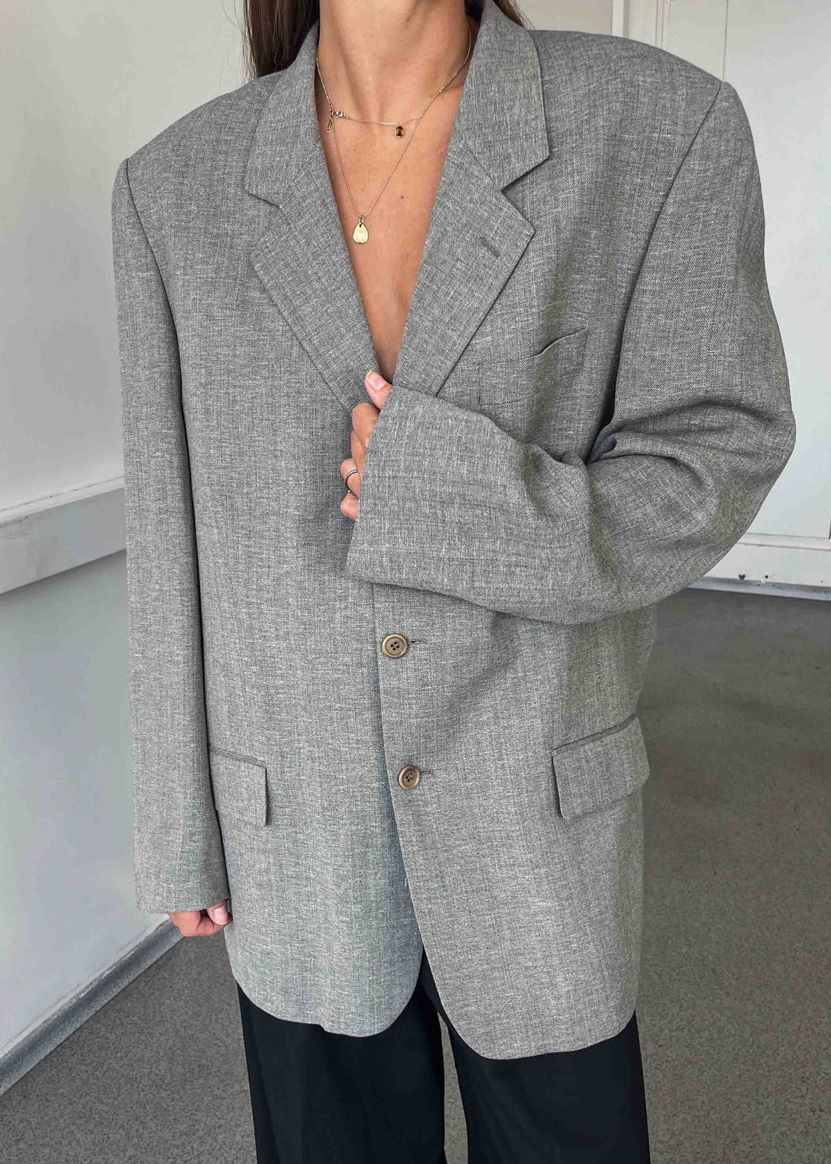Vintage Light Grey Patterned Oversized Blazer