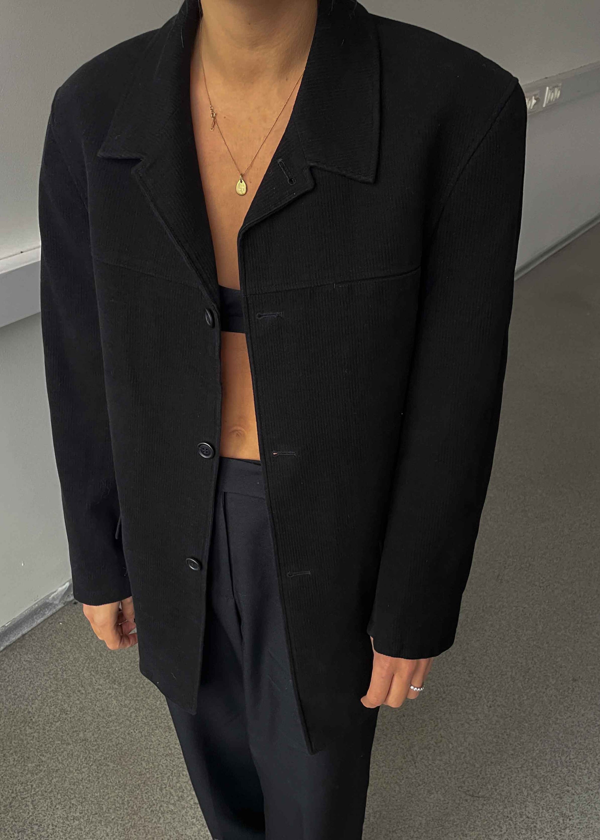 Vintage Black Cotton Feel Patterned Oversized Blazer