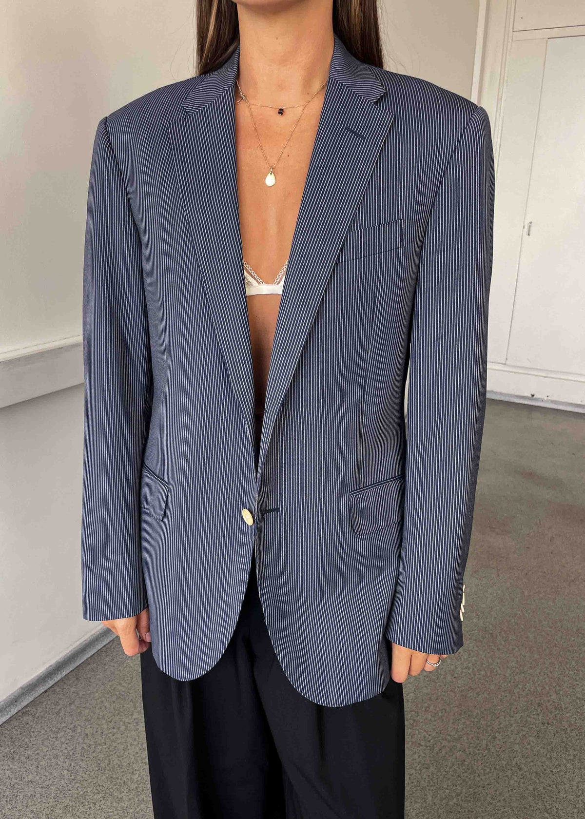 Vintage Blue Striped Oversized 100% WOOL Blazer