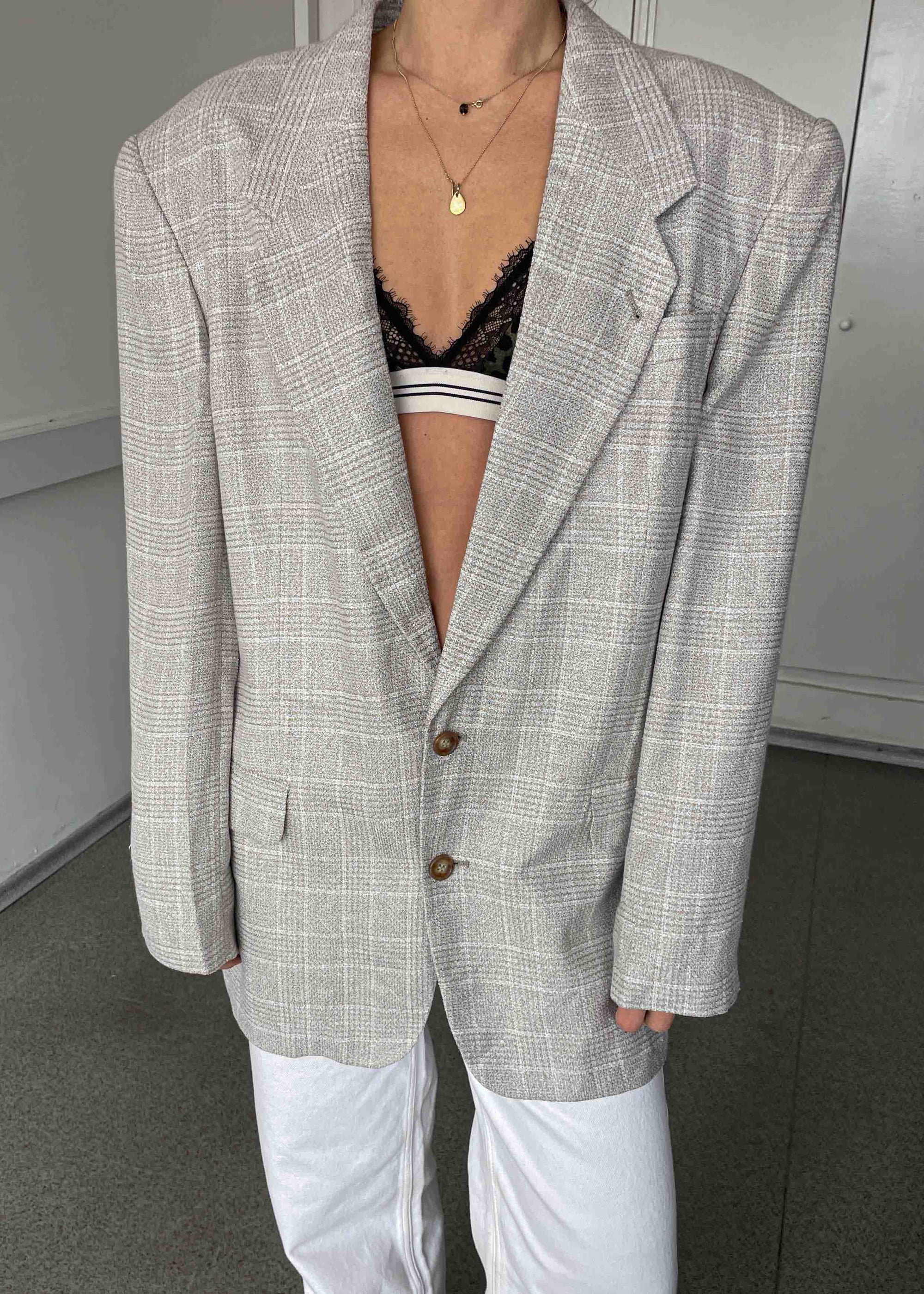 Vintage Light Grey Check Patterned Oversized Blazer