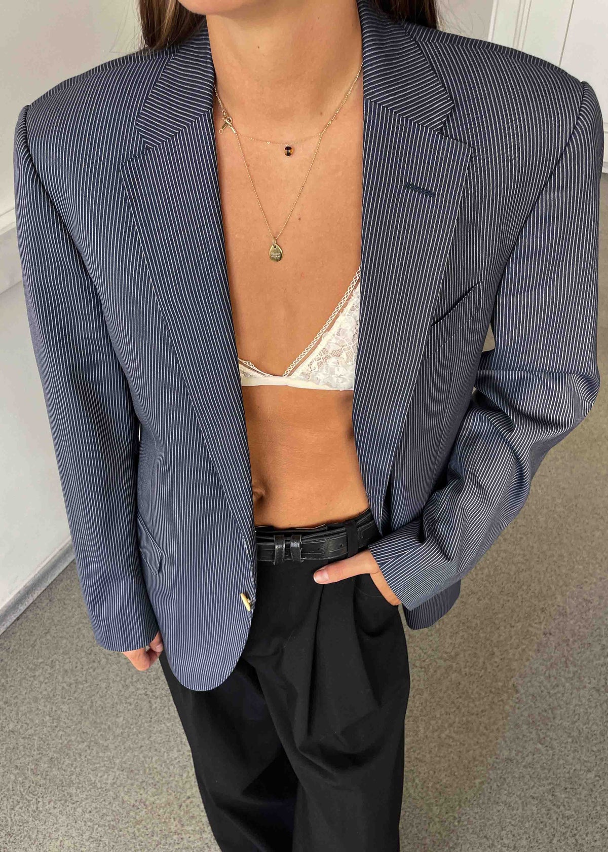 Vintage Blue Striped Oversized 100% WOOL Blazer