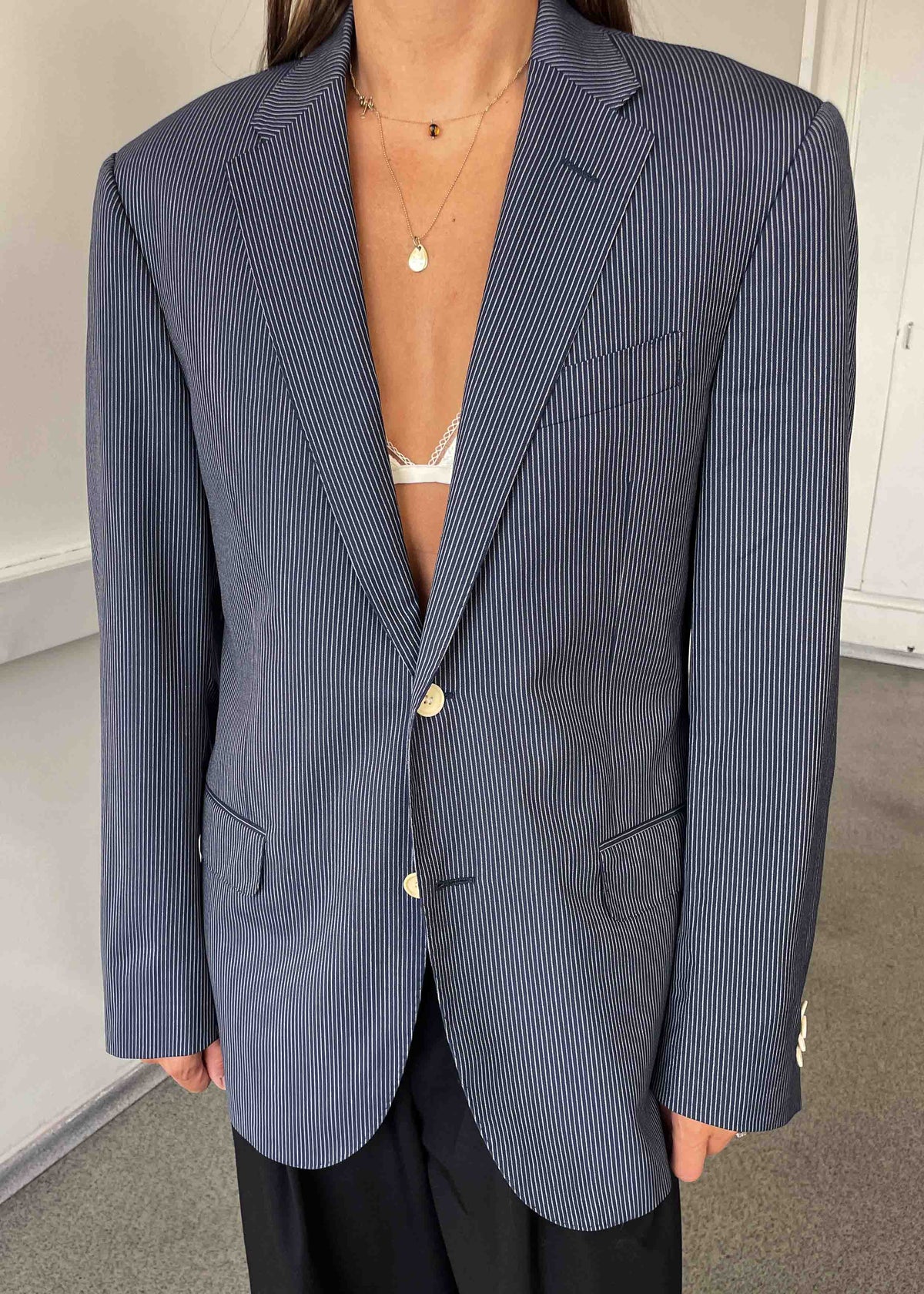 Vintage Blue Striped Oversized 100% WOOL Blazer
