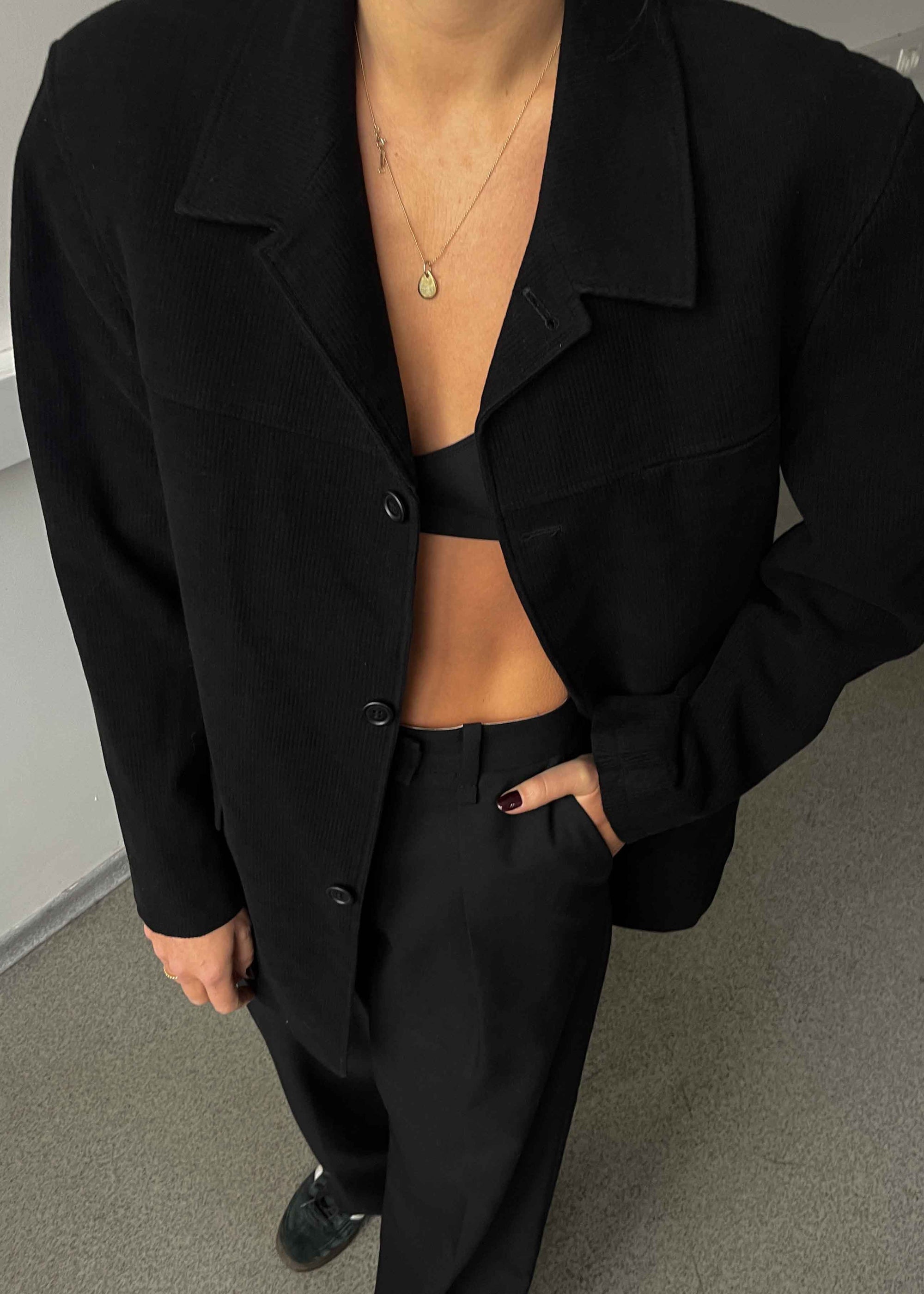 Vintage Black Cotton Feel Patterned Oversized Blazer