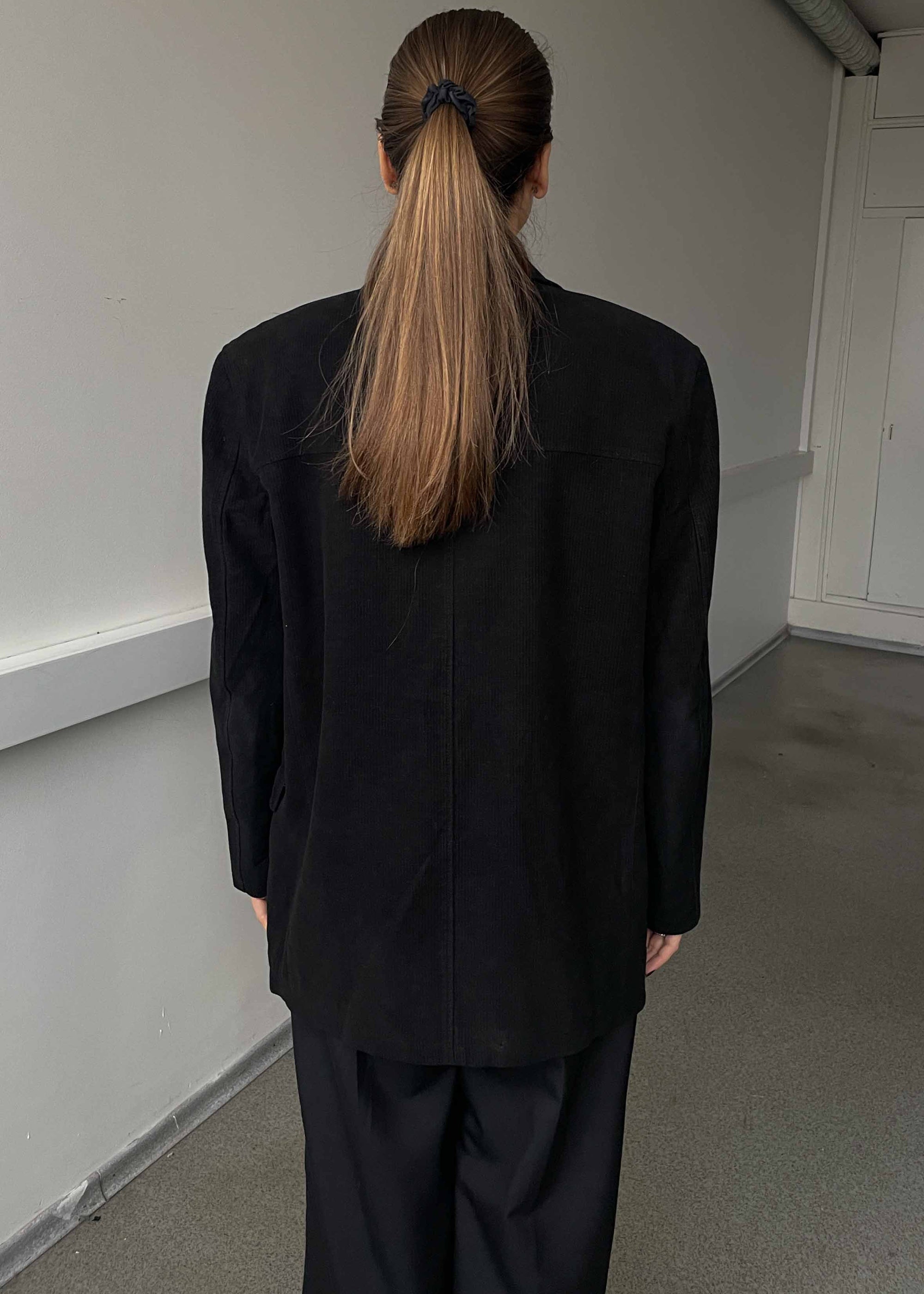 Vintage Black Cotton Feel Patterned Oversized Blazer