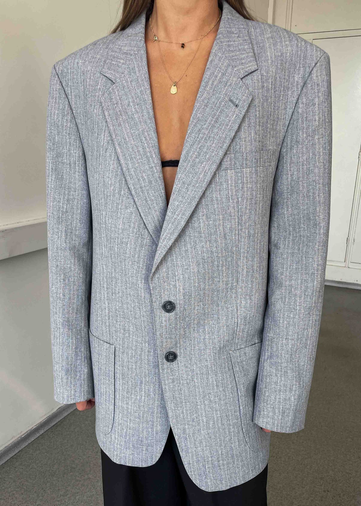 Vintage Light Grey Striped Oversized Blazer