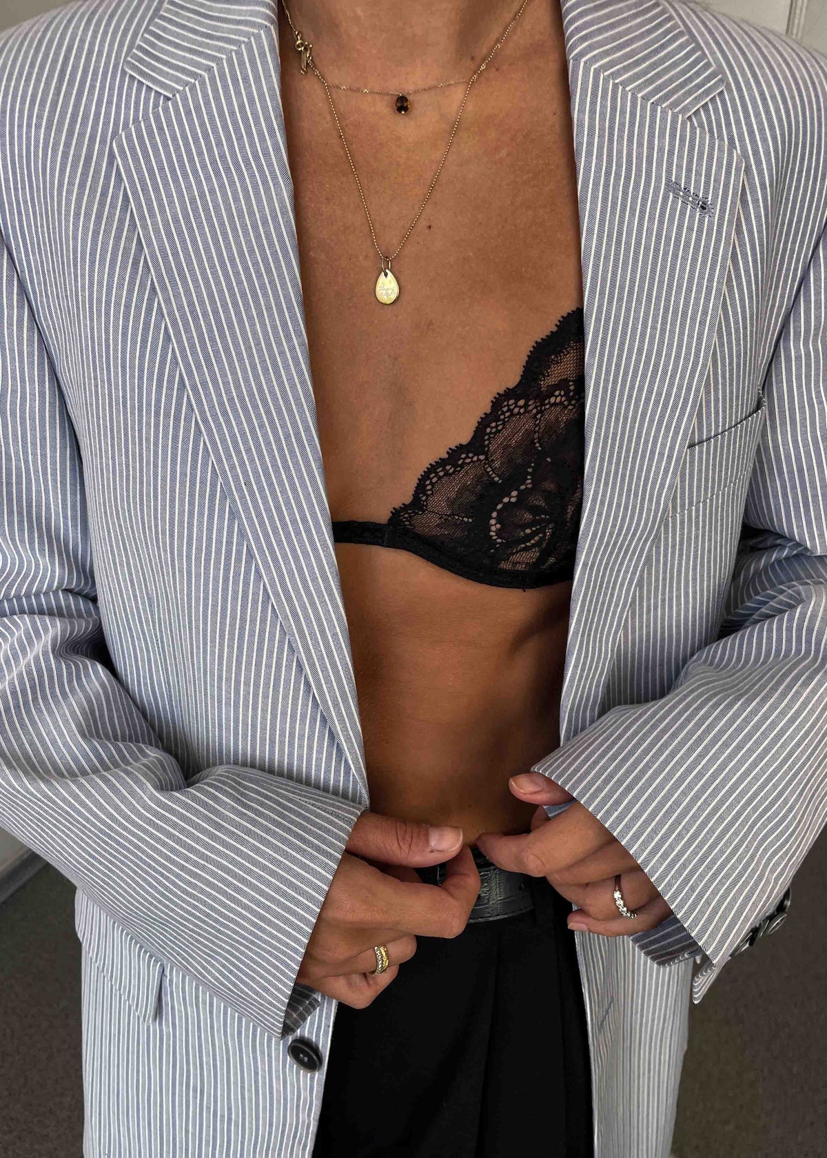 Vintage Light Grey Striped Oversized Cotton Blazer